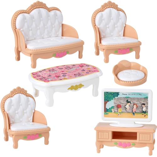 KARLOR Puppenhaus Möbel Set Wohnzimmer, 7 Pcs Miniatur Möbel Set, SOFE Sessel Tisch Fernsehen Kissen Couchtisch, Puppenhaus Zubehör Deko 1:12 Dollhouse Puppenmöbel（Wohnzimmer） von KARLOR