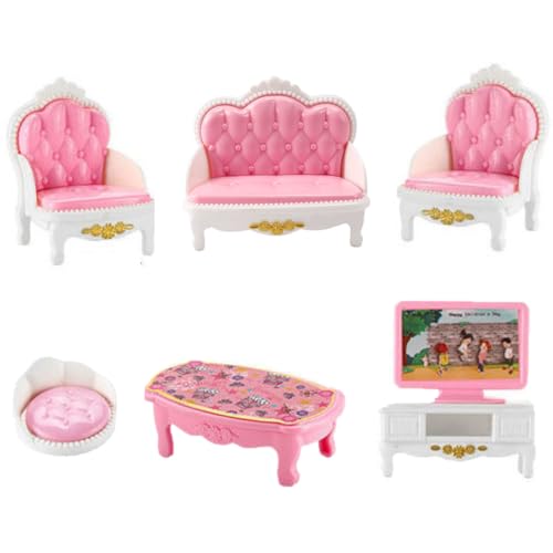 KARLOR Puppenhaus Möbel Set Wohnzimmer, 7 Stück Miniatur Möbel Set, Sofa Sessel Tisch Fernsehen Kissen Couchtisch, Puppenhaus Zubehör Deko 1:12 Puppenhaus Dollhouse Deko Puppenmöbel Rosa（Wohnzimmer） von KARLOR