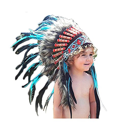 KARMABCN N11- Von 2-5 Jahren Kind/Kind: 3 Farben Indian Headdress 20,5 Zoll. - 52 cm (TURQUOISE/BLACK ROOSTER) von KARMABCN