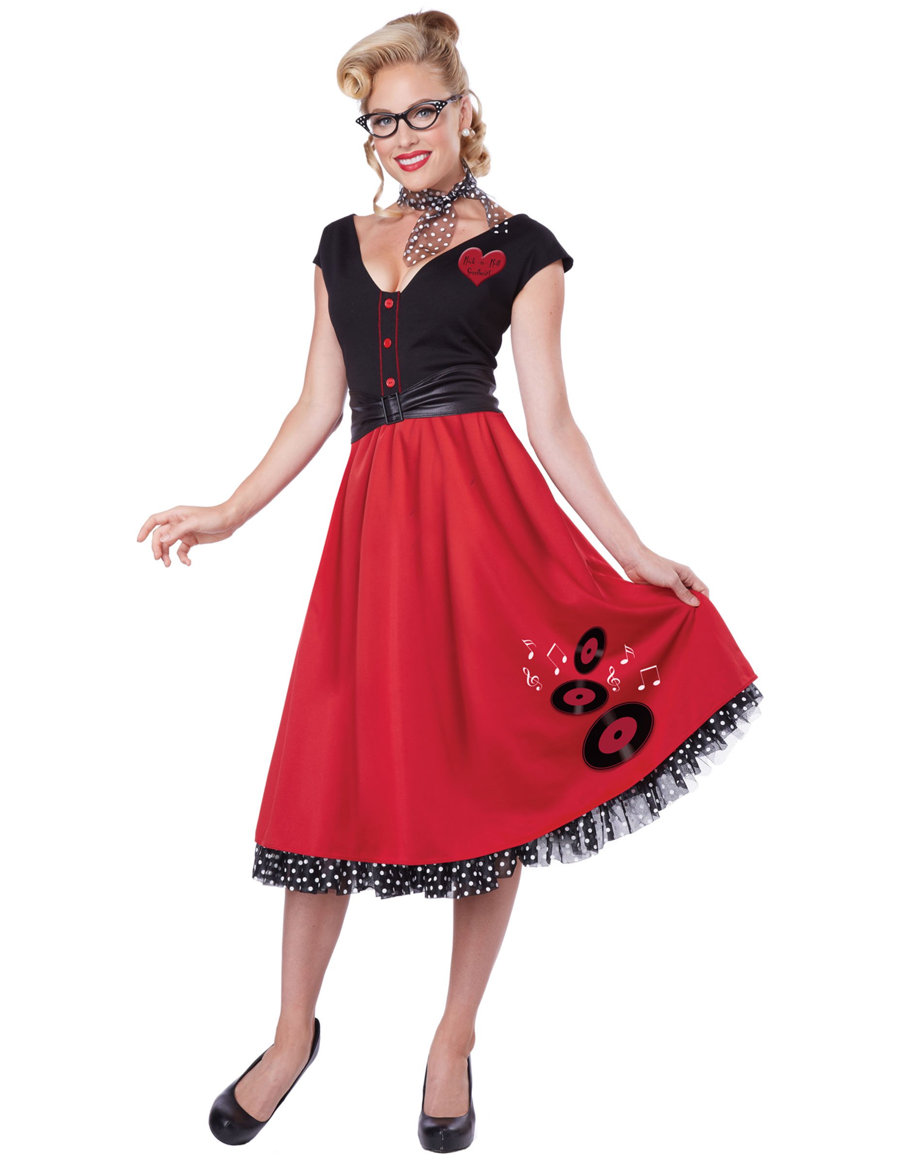 50er Jahre Rockabilly Damenkostüm Petticoat rot-schwarz von KARNEVAL-MEGASTORE