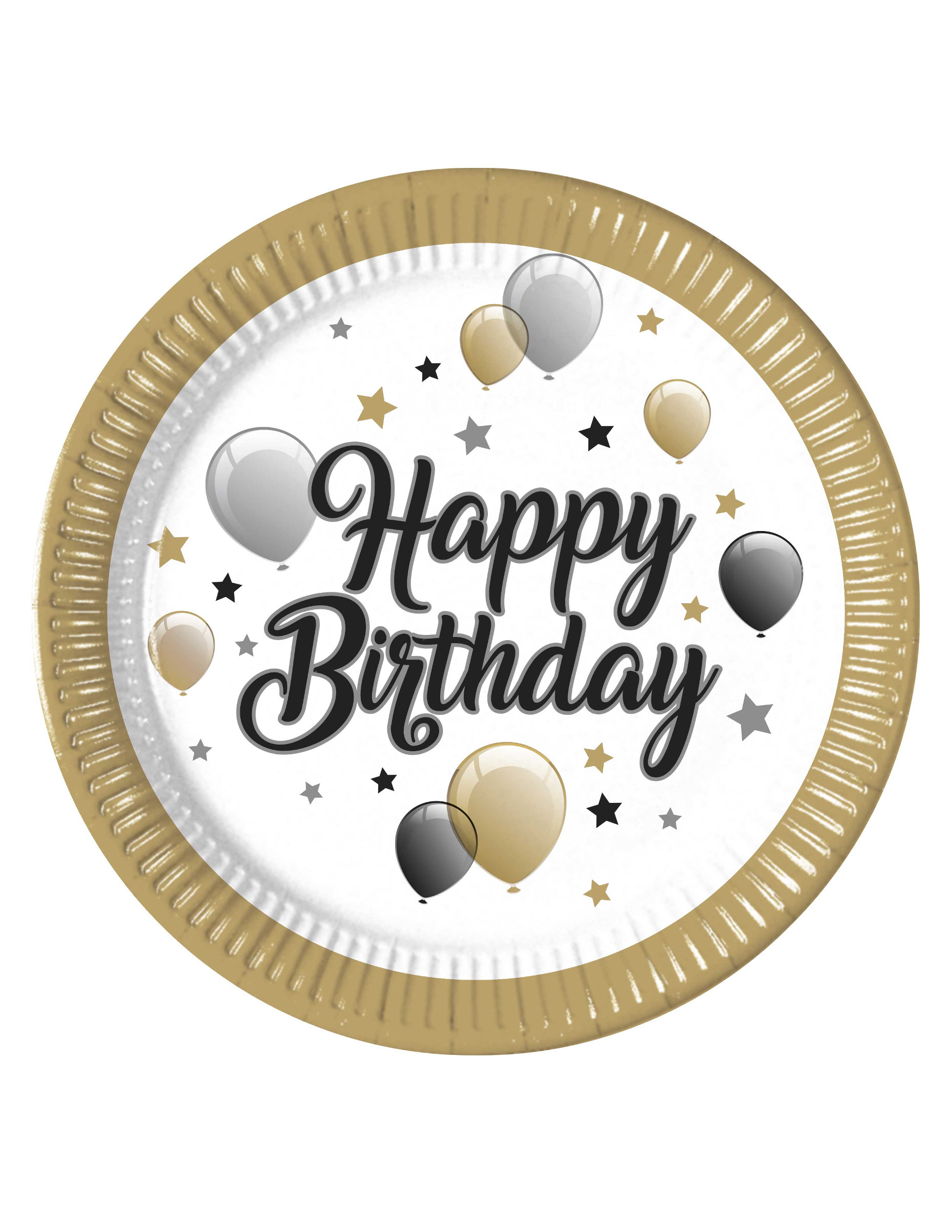 8 Pappteller Happy Birthday weiß und gold 23 cm von KARNEVAL-MEGASTORE