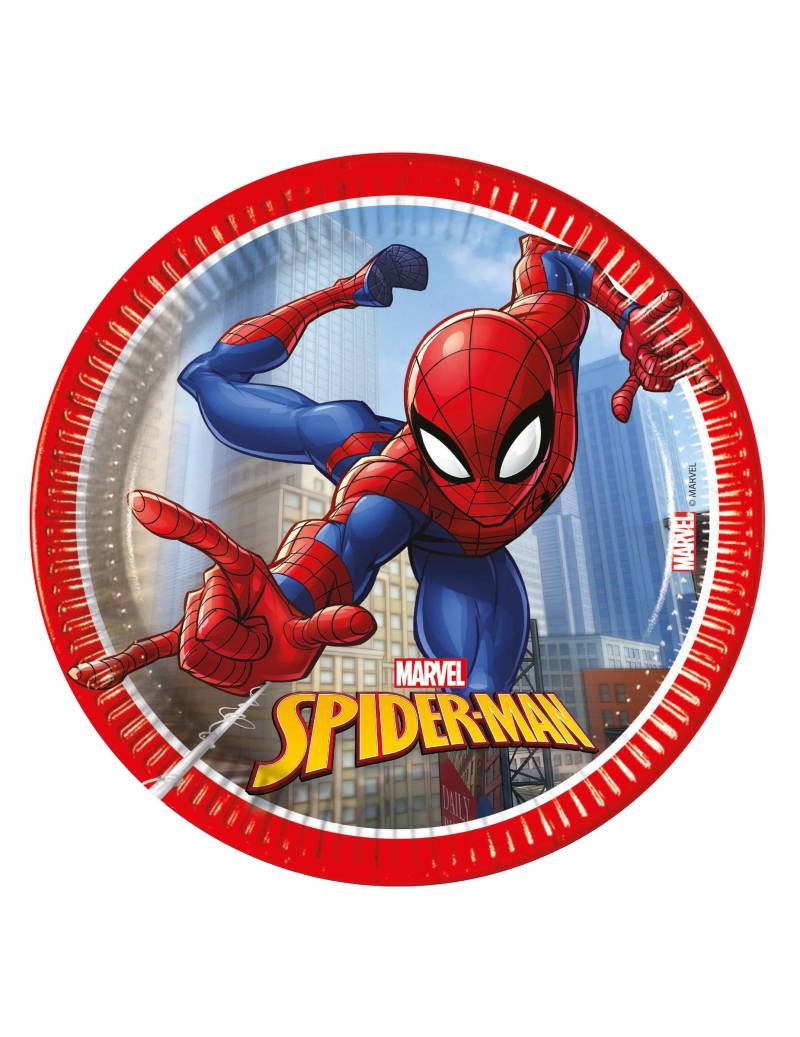 8 Pappteller Spiderman Fighter 20 cm rot von KARNEVAL-MEGASTORE