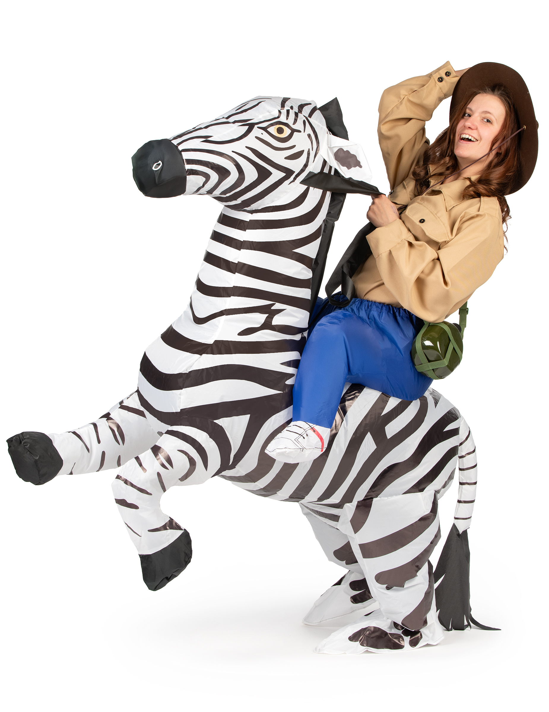 Aufblasbares Zebra Huckepack Kostüm weiss-schwarz von KARNEVAL-MEGASTORE