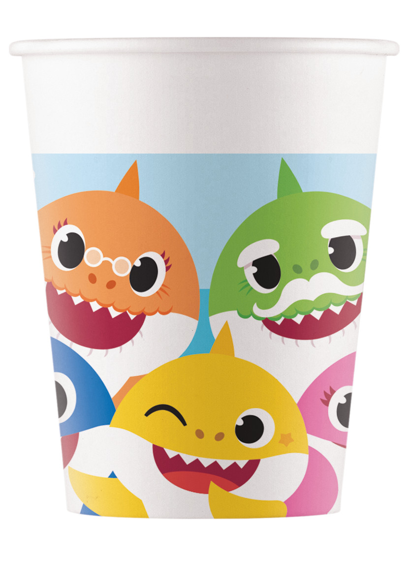 Baby Shark Pappbecher FSC 8 Stück bunt 200 ml von KARNEVAL-MEGASTORE