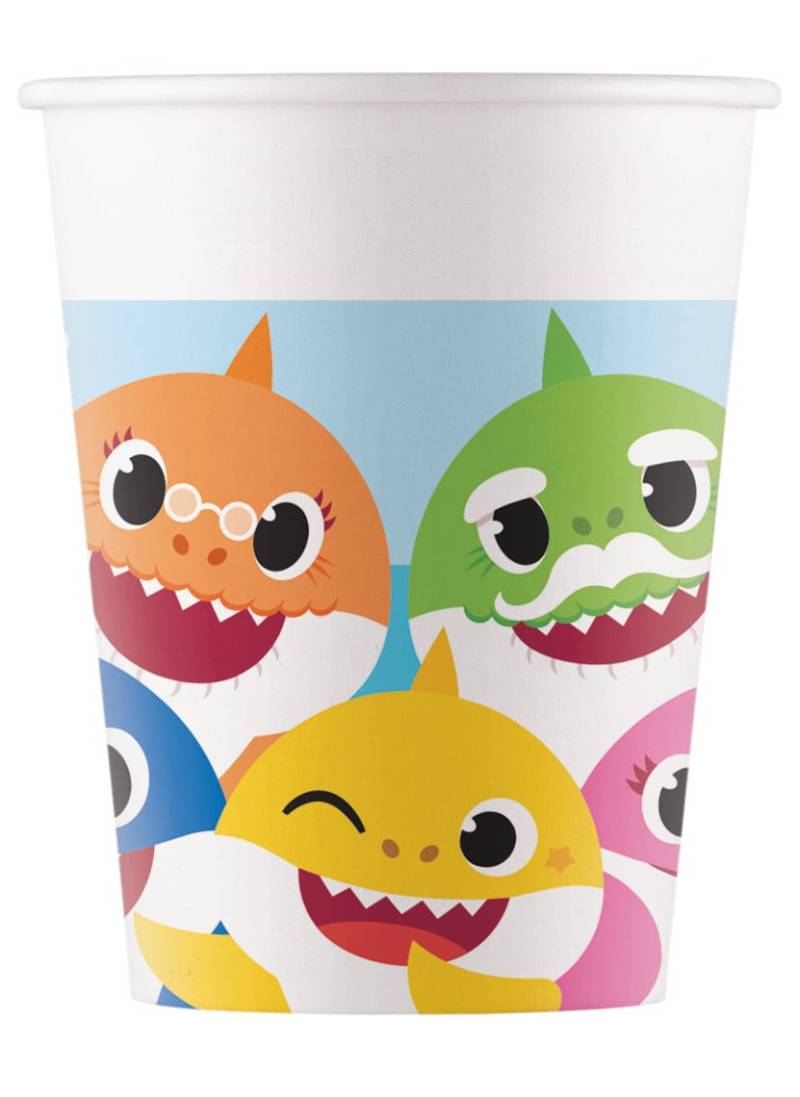 Baby Shark Pappbecher FSC 8 Stück bunt 200 ml von KARNEVAL-MEGASTORE