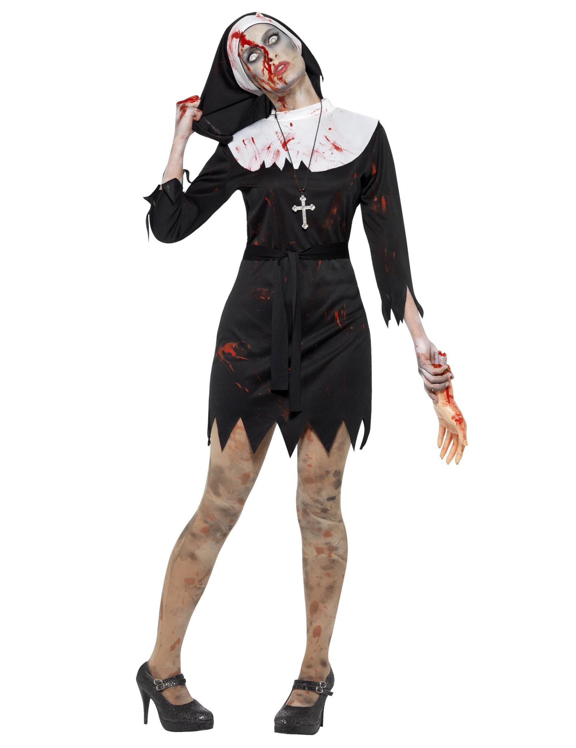 Blutiges Zombie-Nonnen-Kostüm für Halloween schwarz-weiss-rot von KARNEVAL-MEGASTORE