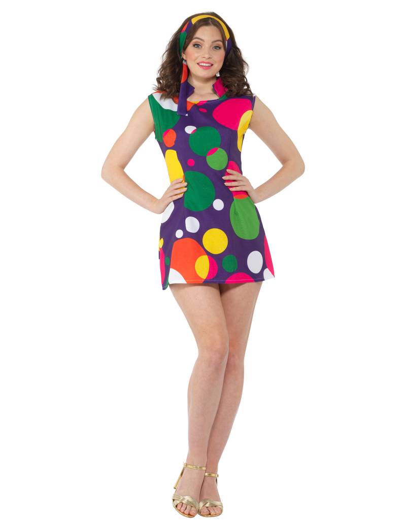 Disco-Minikleid Damenkostüm mit Punkten lila-bunt von KARNEVAL-MEGASTORE