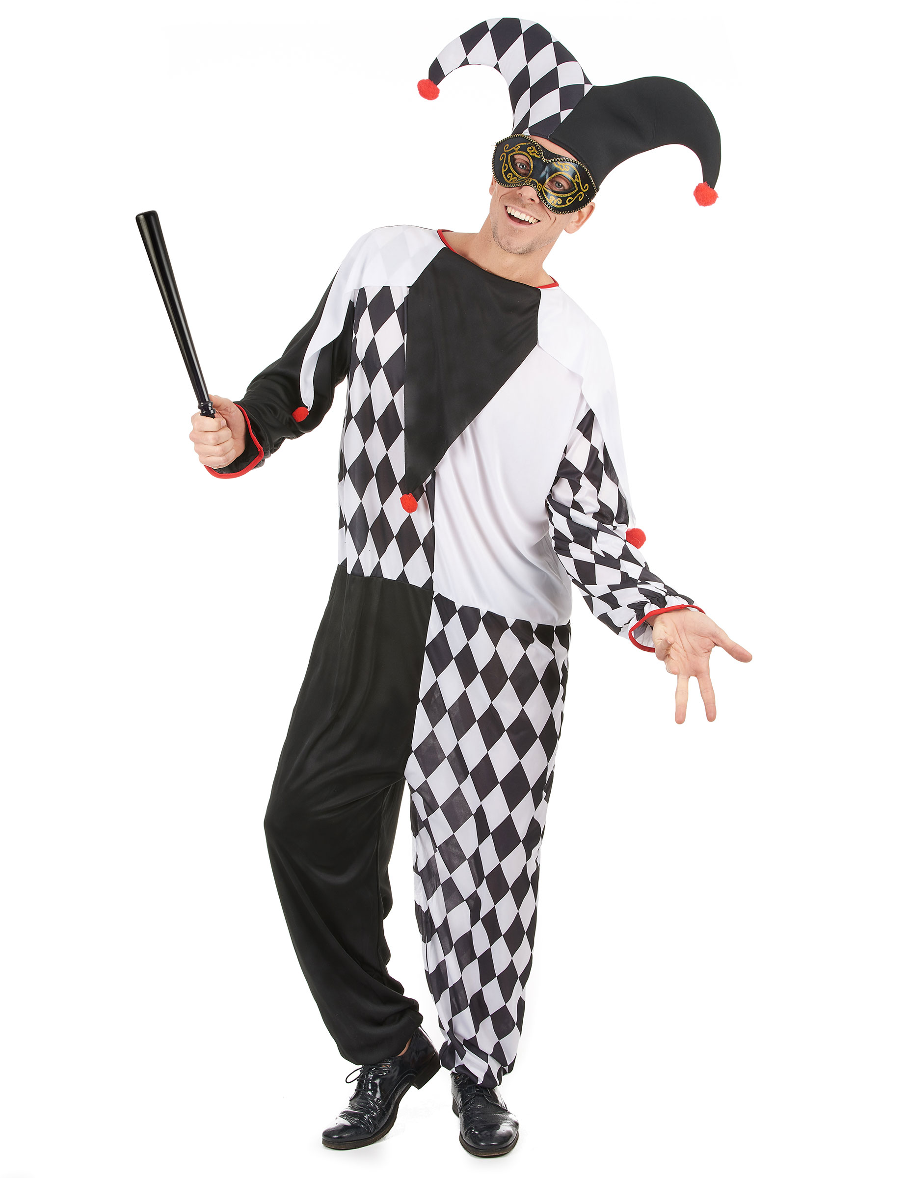 Edler Harlekin Kostüm Zirkus schwarz-weiss-rot von KARNEVAL-MEGASTORE