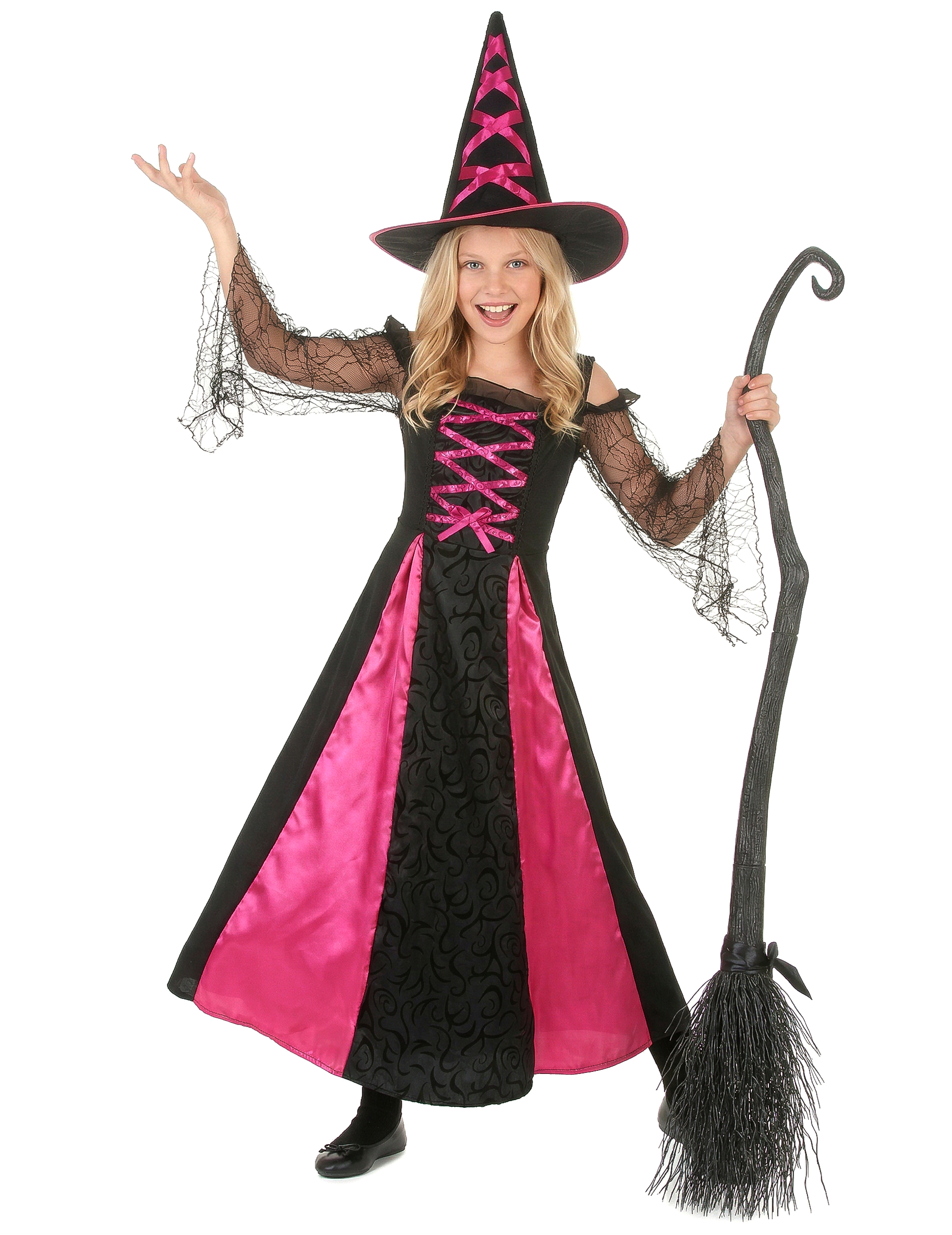 Elegante Hexe Kinderkostüm schwarz-pink von KARNEVAL-MEGASTORE