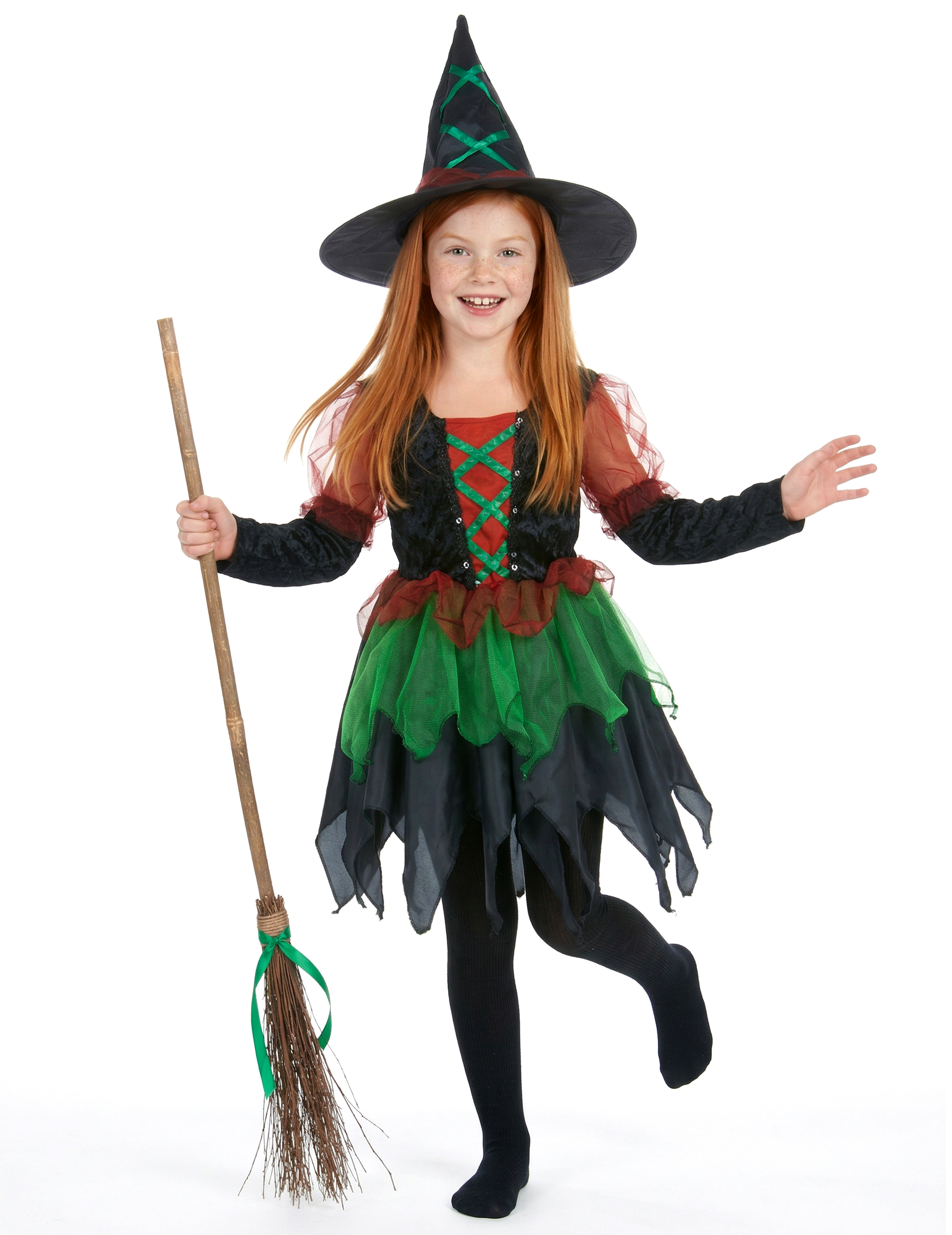 Freches Hexen-Kostüm für Mädchen Halloween-Kostüm schwarz-rot-grün von KARNEVAL-MEGASTORE