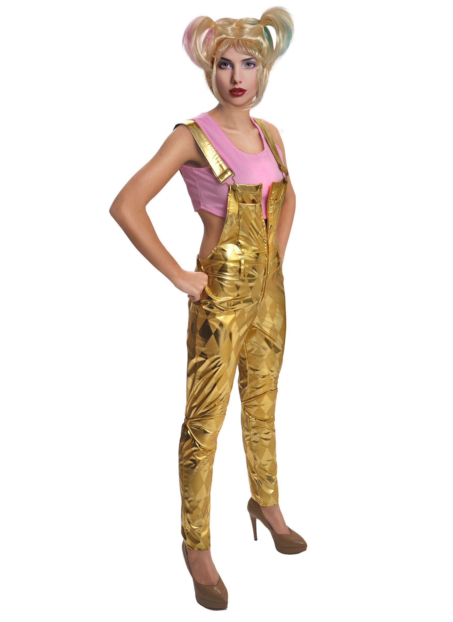 Harley Quinn-Kostüm für Damen mit Perücke Halloweenkostüm gold-rosa Harley Quinn-Kostüm für Damen mit Perücke Halloweenkostüm gold-rosa von KARNEVAL-MEGASTORE