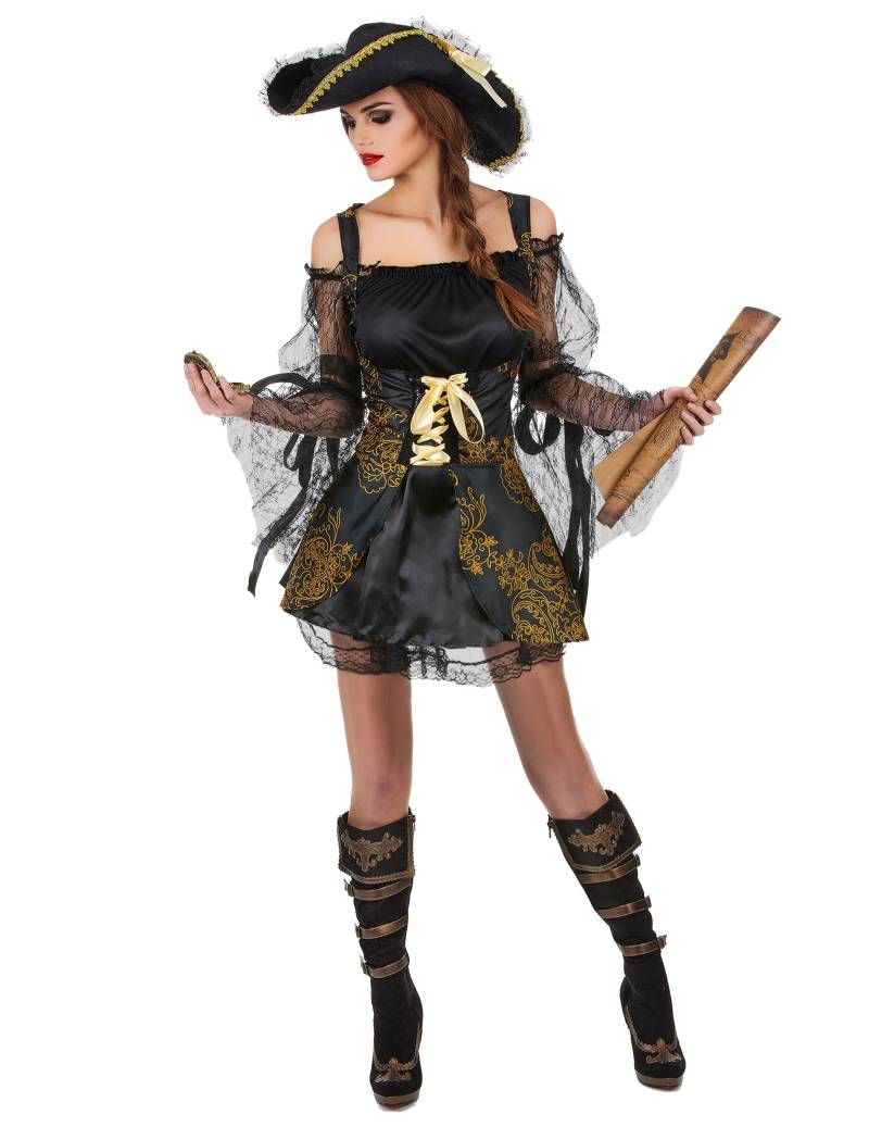Heisse Piraten-Kapitänin Damenkostüm Piratin schwarz-gold von KARNEVAL-MEGASTORE