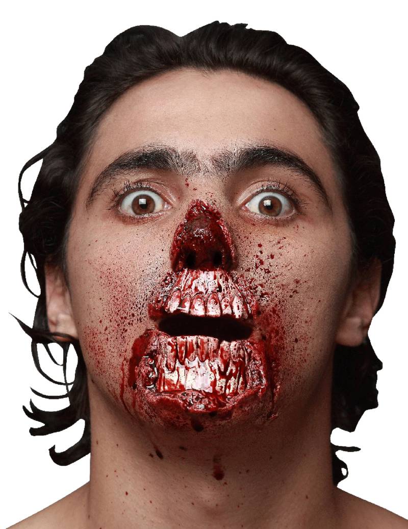 Hervorbrechener Totenschädel Halloween-Latexapplikation 2-teilig weiss-rot 7,5x4,5cm von KARNEVAL-MEGASTORE