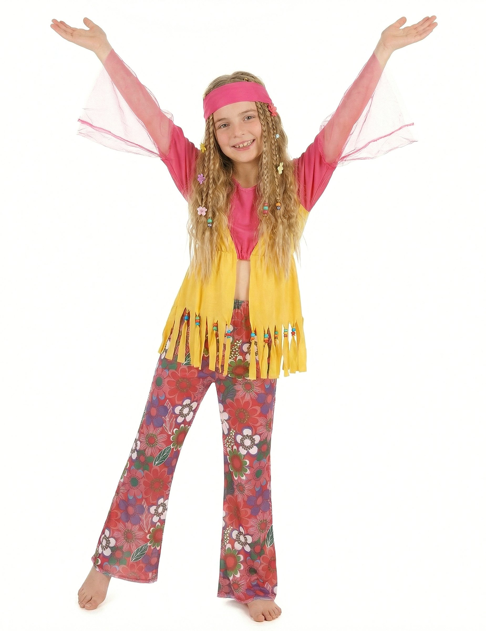 Hippie Kinderkostüm Flower Power Mädchen pink-gelb von KARNEVAL-MEGASTORE