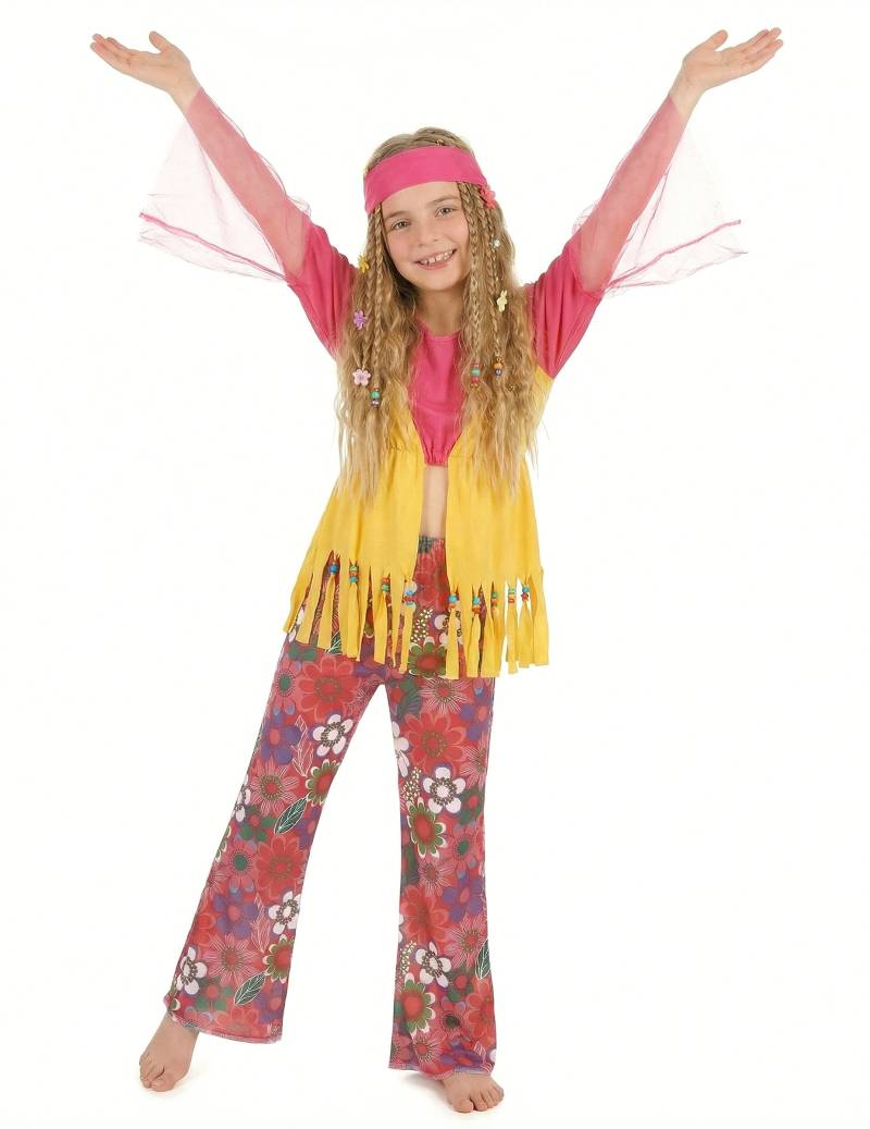 Hippie Kinderkostüm Flower Power Mädchen pink-gelb von KARNEVAL-MEGASTORE