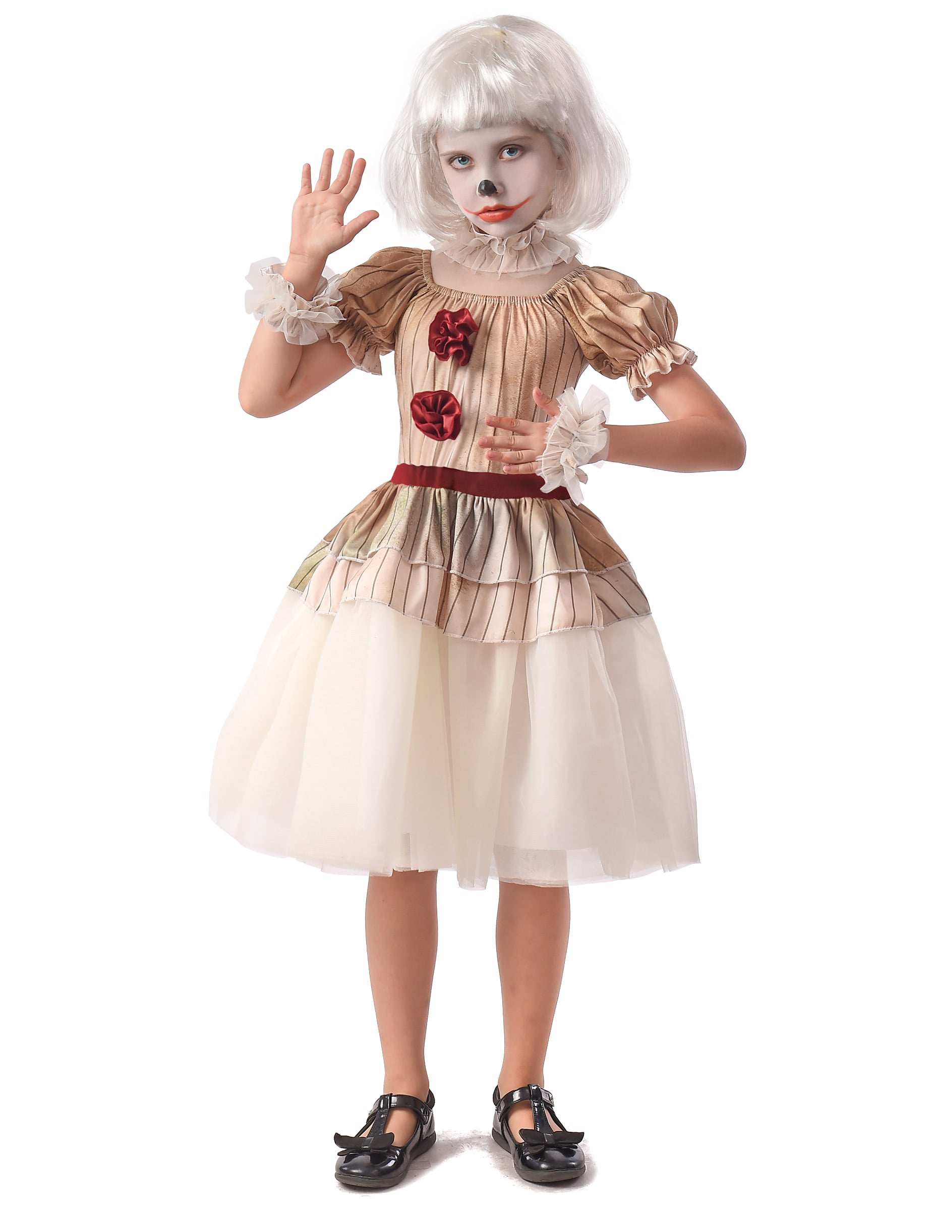 Horror-Clown-Kostüm für Mädchen 5-teilig weiss-beige-rot von KARNEVAL-MEGASTORE