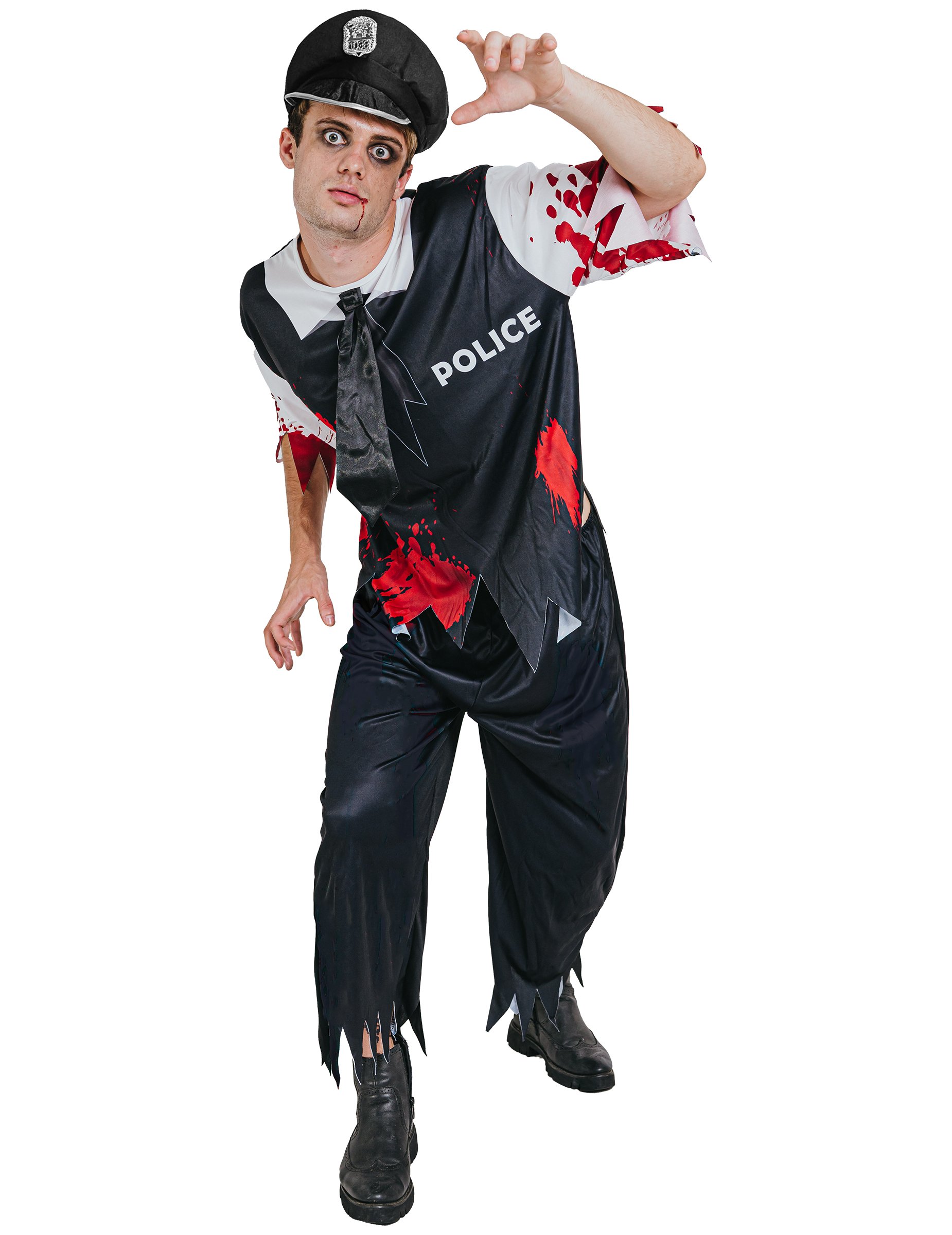 Horror Zombie Polizist Halloween Kostüm schwarz-weiss-rot von KARNEVAL-MEGASTORE