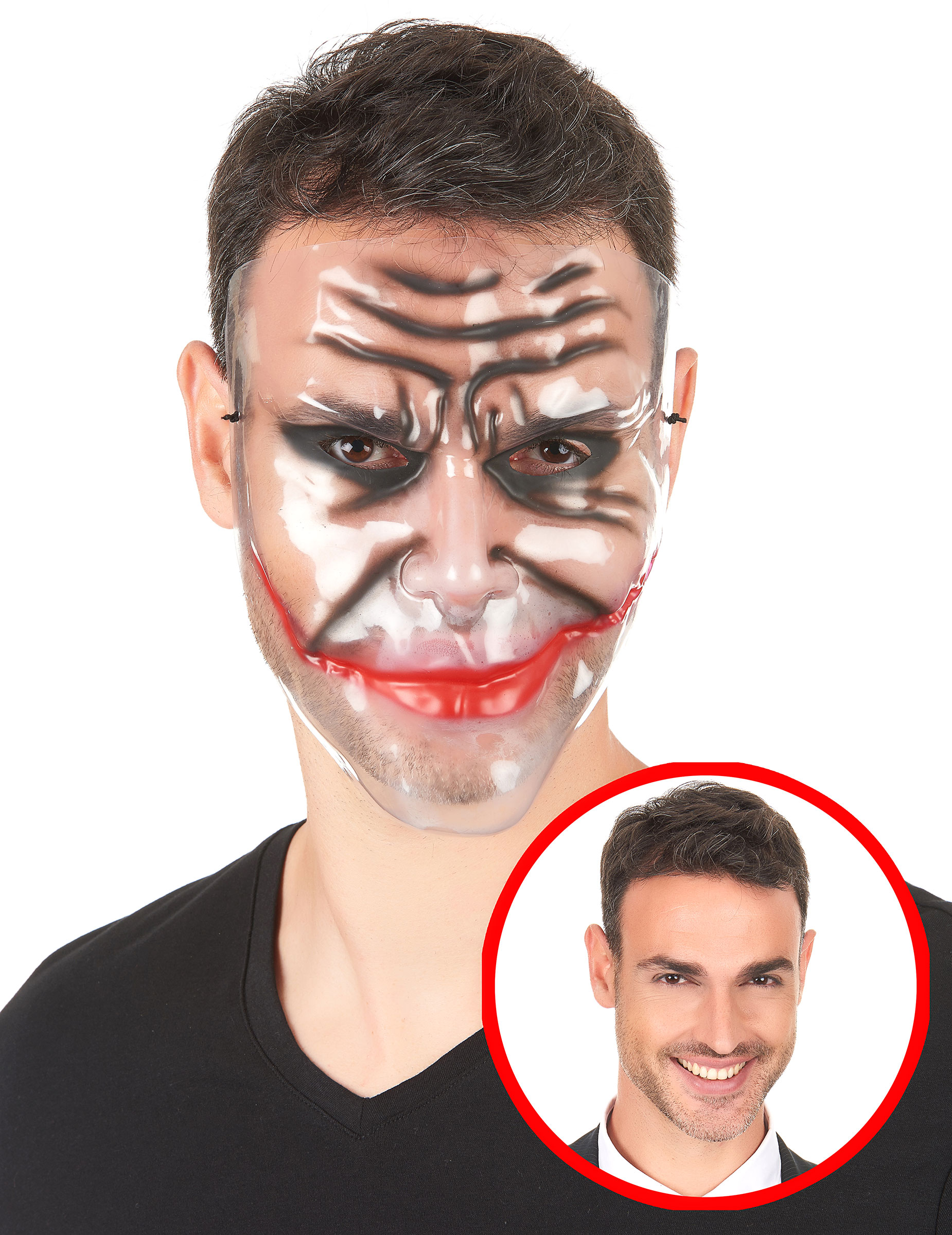Horrormaske Killerclown mit aufgeschnittenen Backen durchsichtig-schwarz-rot Horrormaske Killerclown mit aufgeschnittenen Backen durchsichtig-schwarz-rot von KARNEVAL-MEGASTORE
