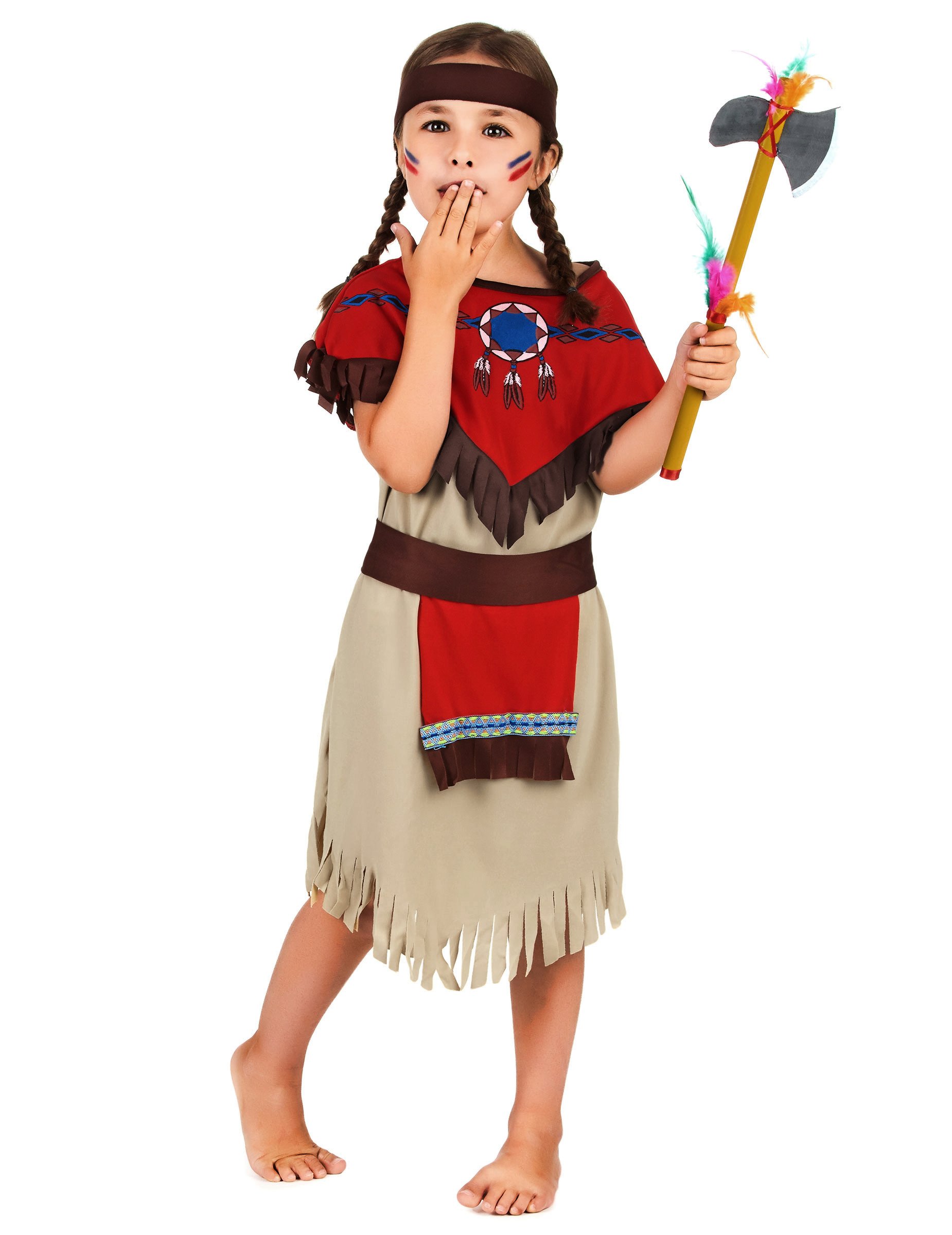 Indianerin Mädchenkostüm beige-braun-rot von KARNEVAL-MEGASTORE