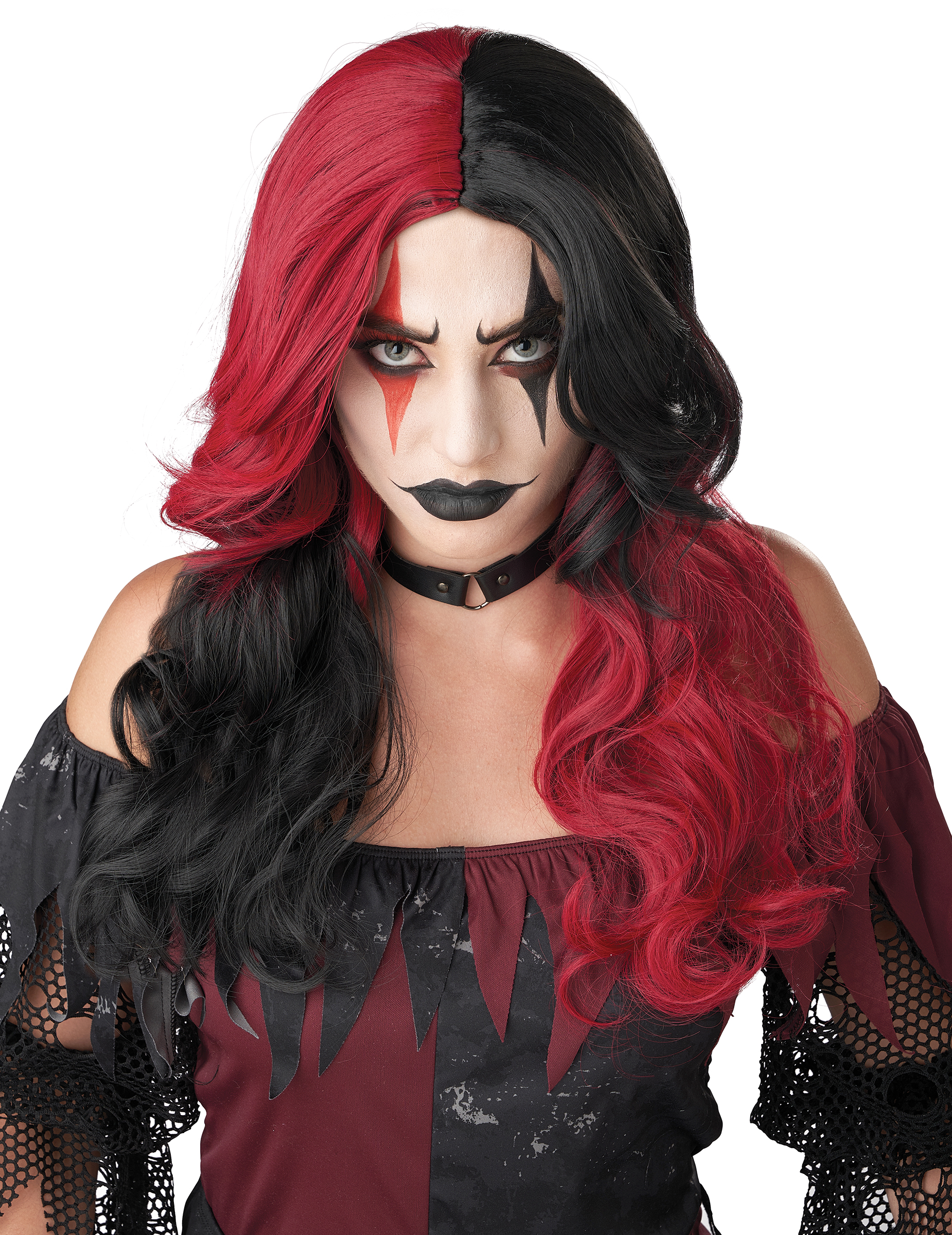 Joker-Perücke für Damen in schwarz/rot, Erwachsene von KARNEVAL-MEGASTORE