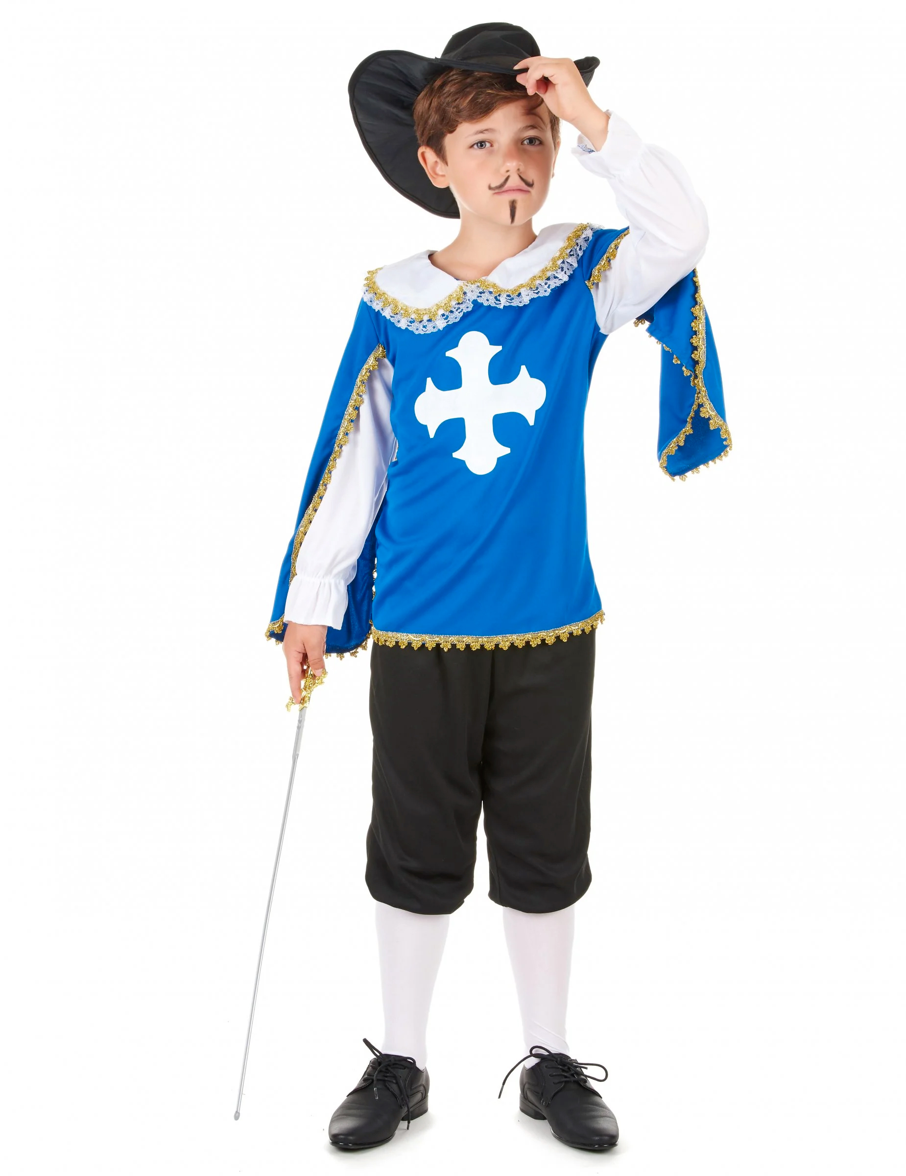 Kinderkostüm Musketier Ritter blau-weiss-schwarz von KARNEVAL-MEGASTORE