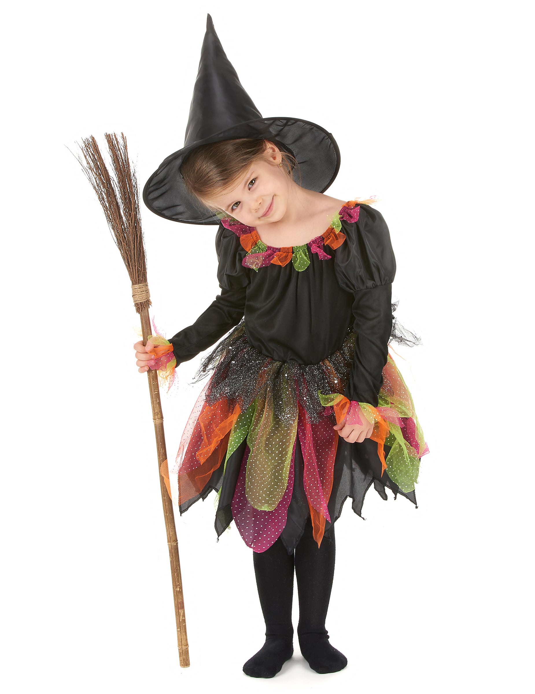 Mädchen Hexenkostüm Halloween schwarz-bunt von KARNEVAL-MEGASTORE