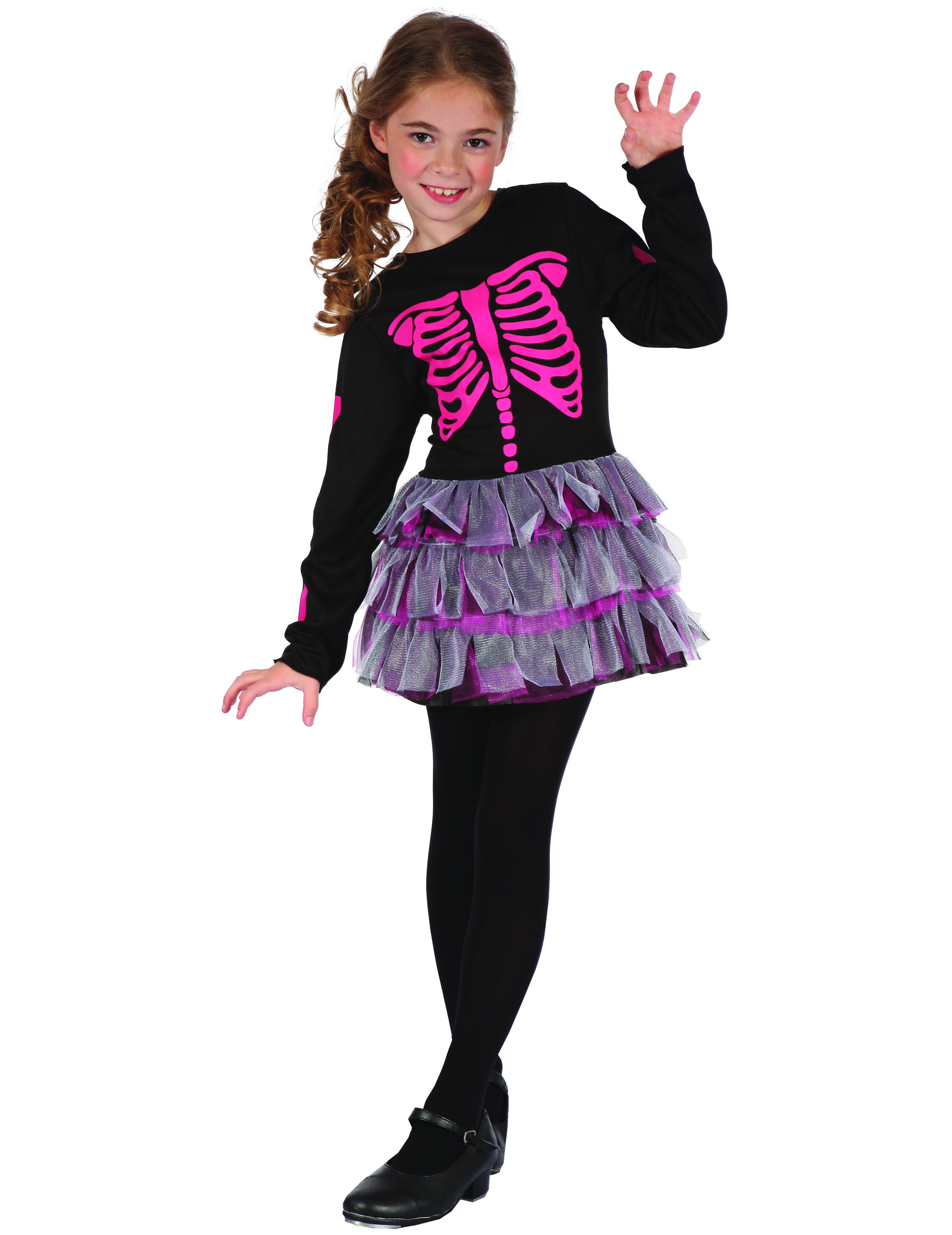 Niedliches Skelett-Mädchen Halloween-Kinderkostüm schwarz-pink von KARNEVAL-MEGASTORE