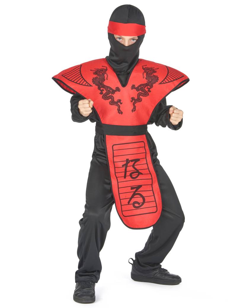 Ninja Kostüm Drachen-Print für Kinder rot-schwarz von KARNEVAL-MEGASTORE