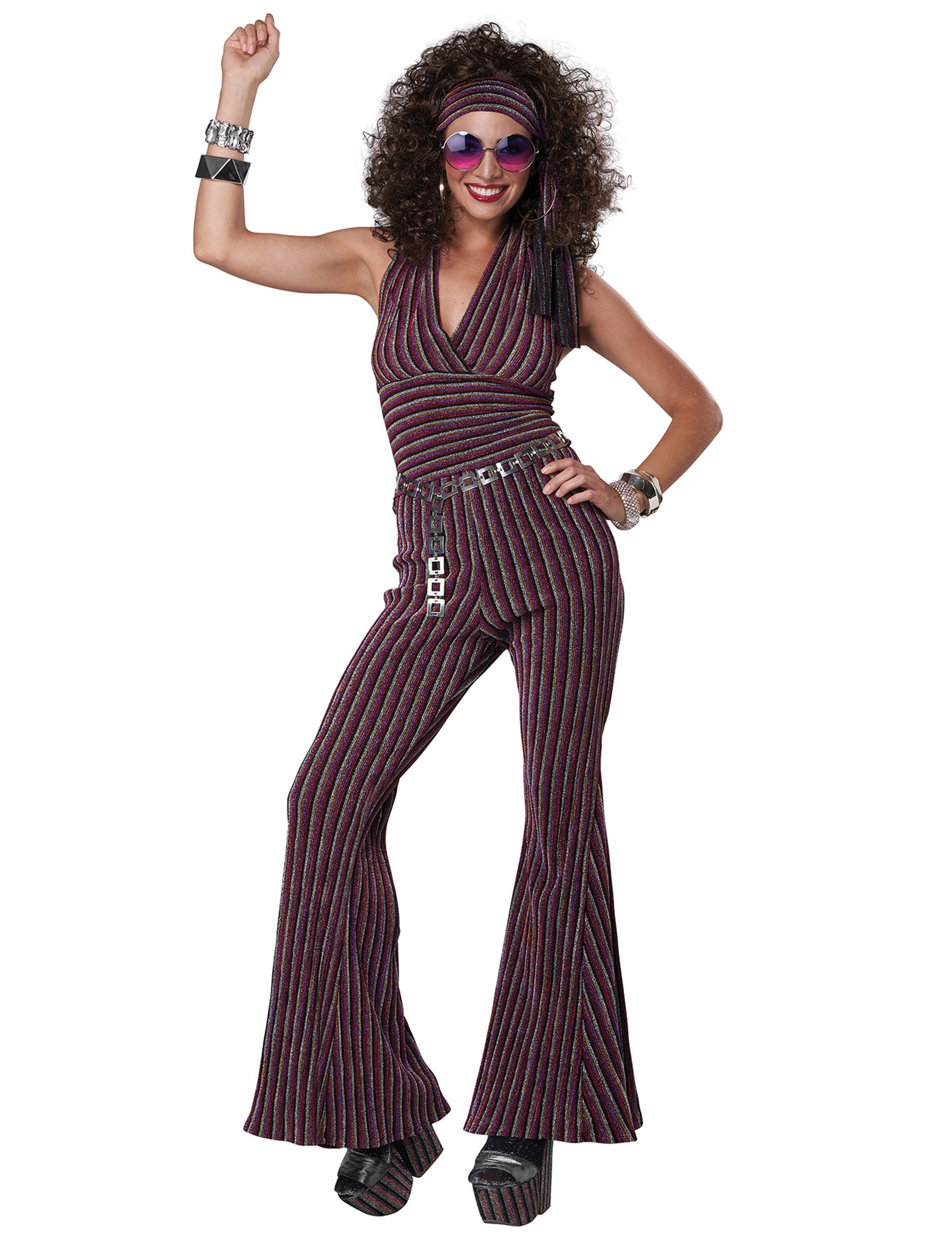 Rückenfreies 70er-Jahre Discokostüm für Damen violett-silberfarben von KARNEVAL-MEGASTORE