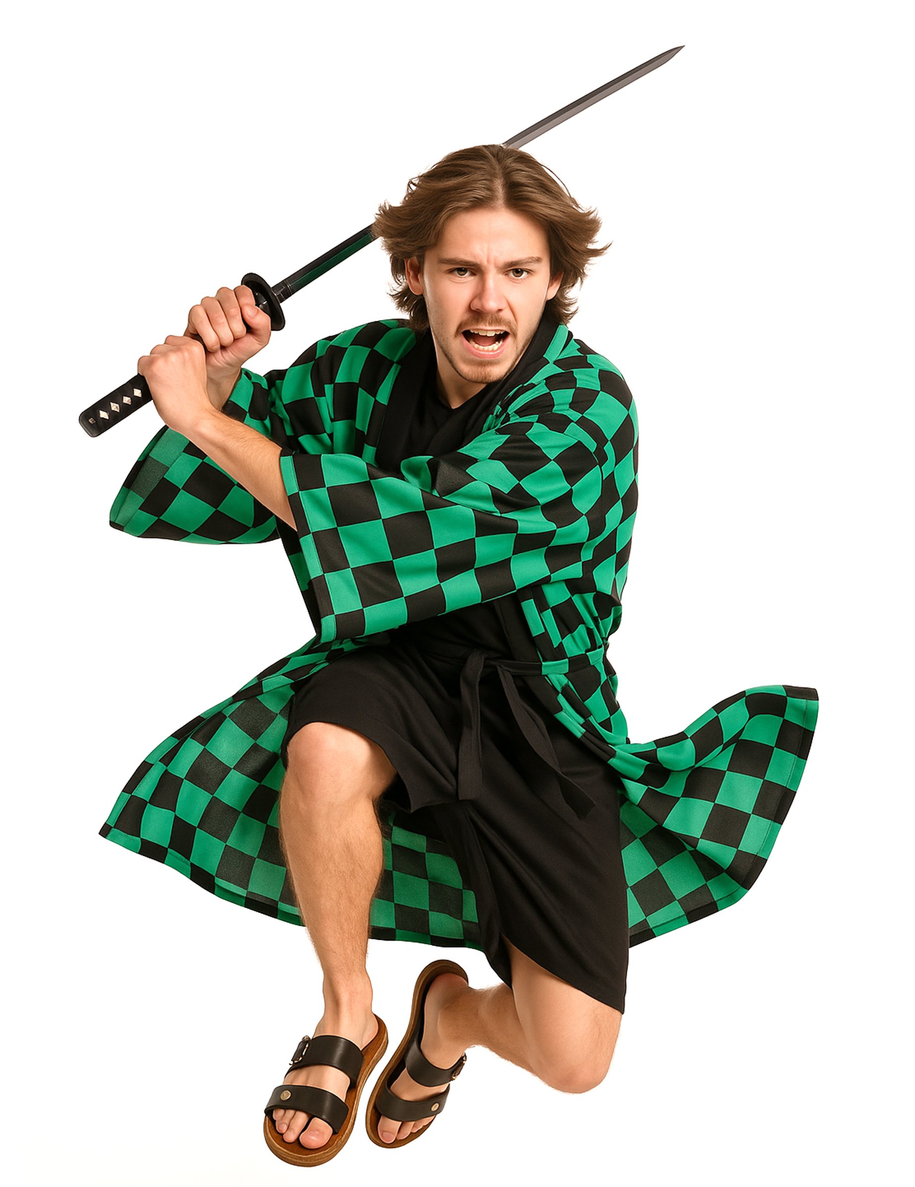 Schachbrettmuster Kimono für Erwachsene grün schwarz von KARNEVAL-MEGASTORE