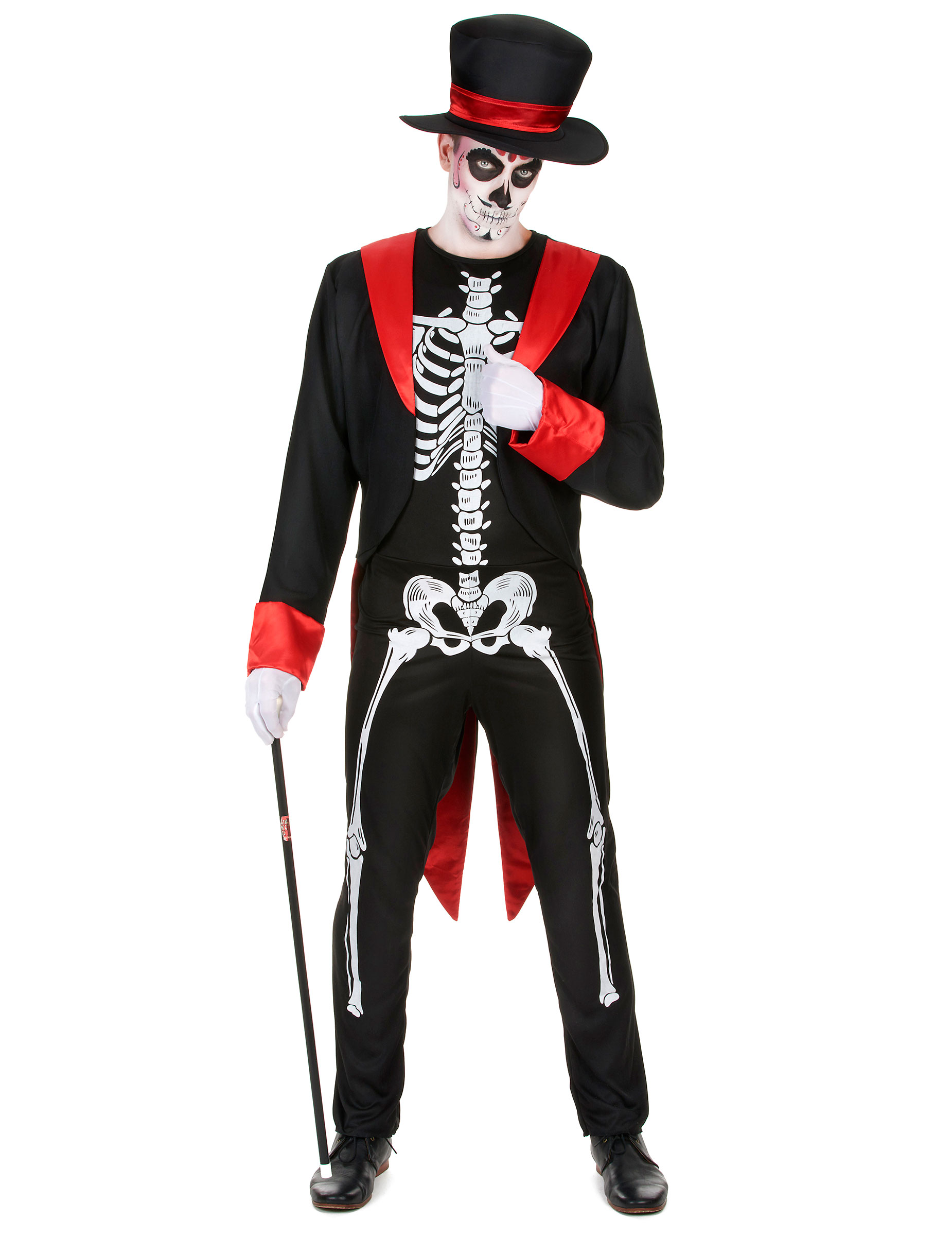 Schickes Skelett Herren-Kostüm schwarz-rot-weiss von KARNEVAL-MEGASTORE