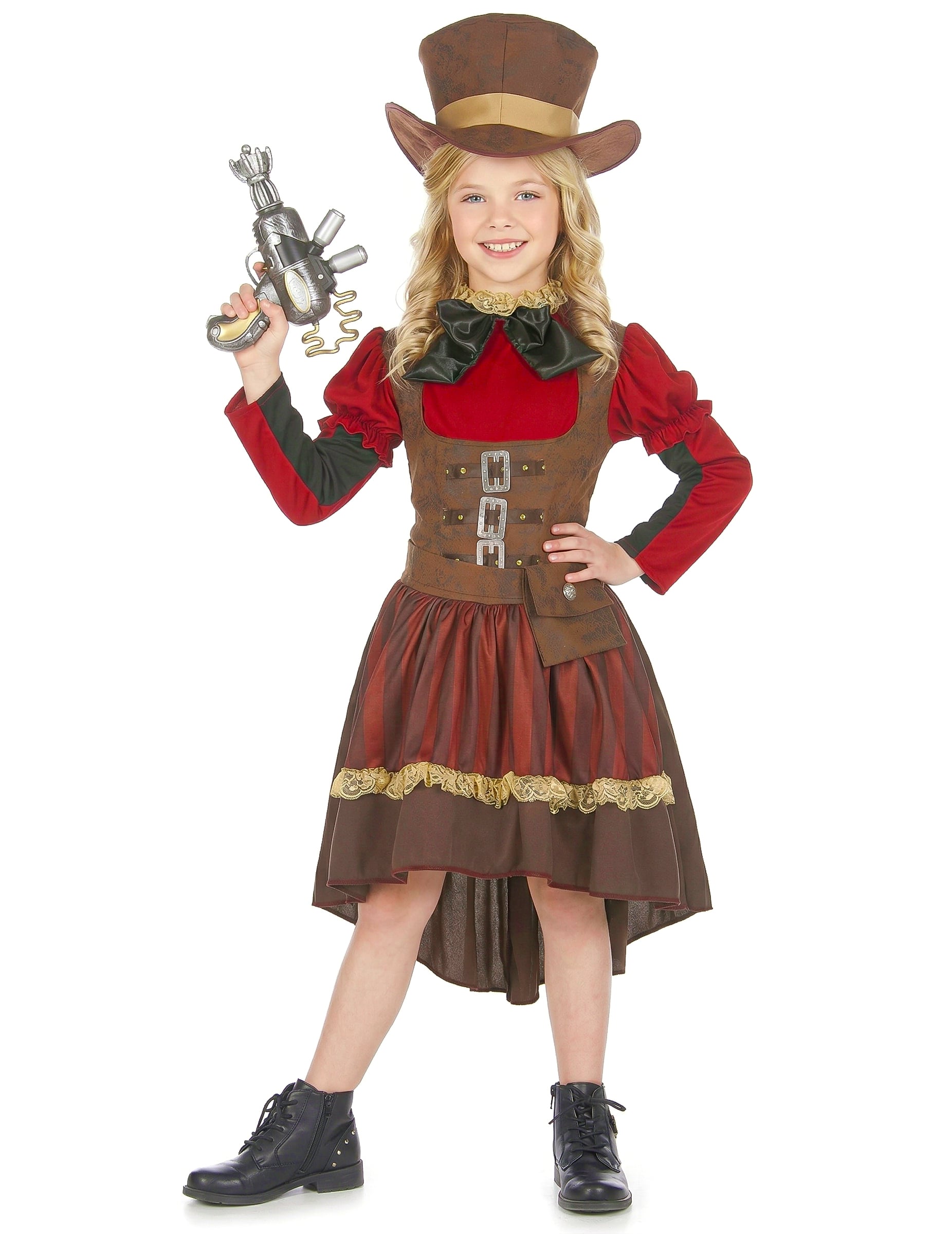 Schickes Steampunk-Kostüm für Mädchen Halloweenkostüm braun-rot von KARNEVAL-MEGASTORE