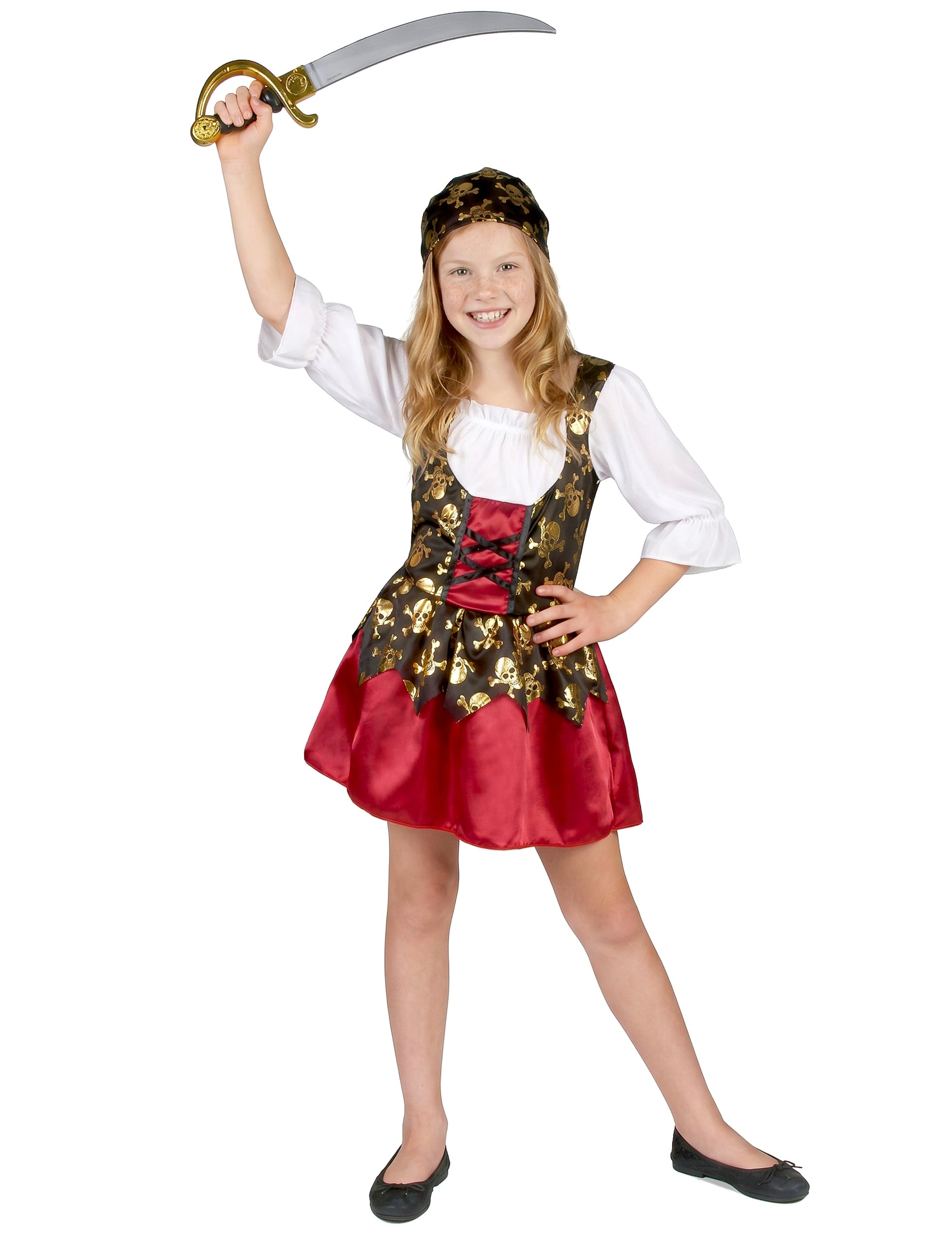 Süße Piratin Kinderkostüm rot-gold-schwarz von KARNEVAL-MEGASTORE