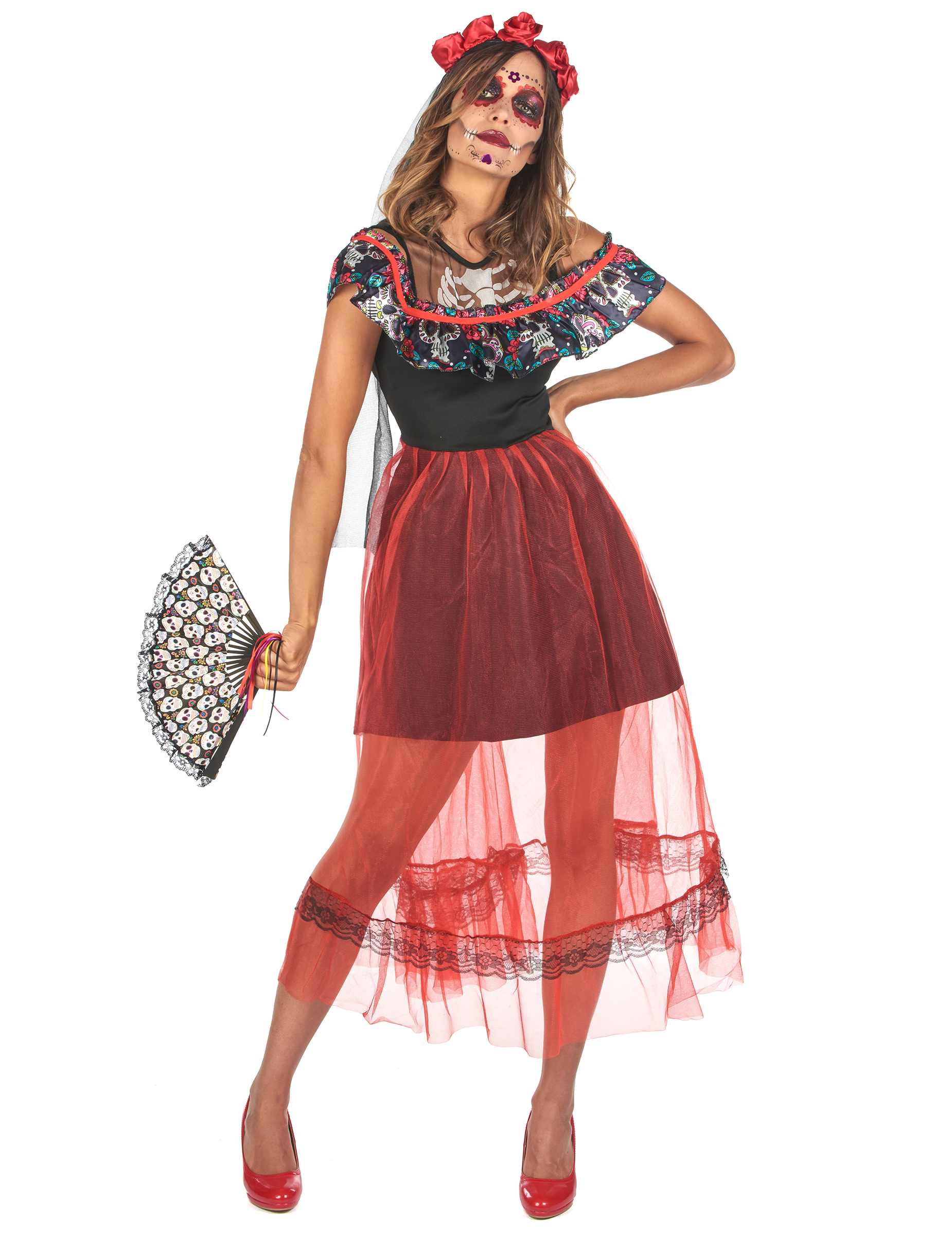 Tag der Toten Kleid Halloween-Kostüm für Damen rot-schwarz von KARNEVAL-MEGASTORE