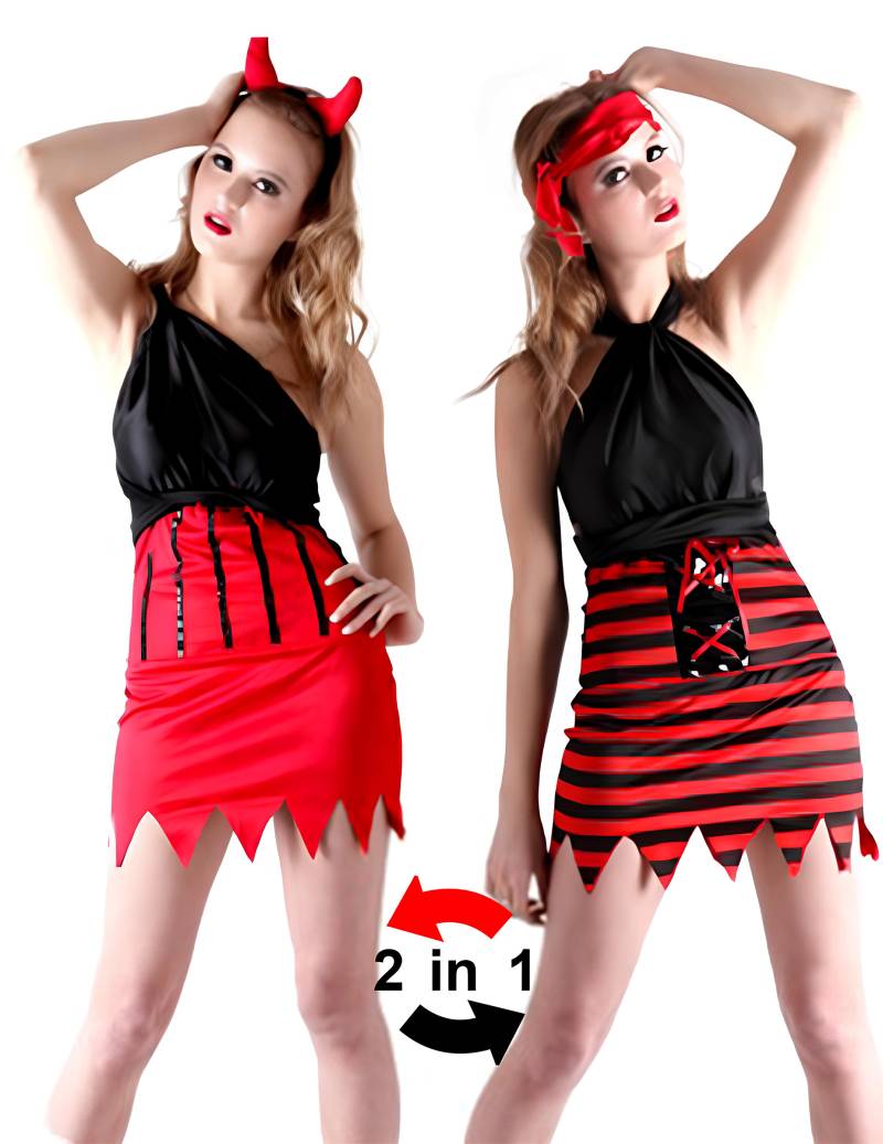 Teufelin und Piratin 2 in 1 Halloween Kostüm für Damen schwarz-rot von KARNEVAL-MEGASTORE