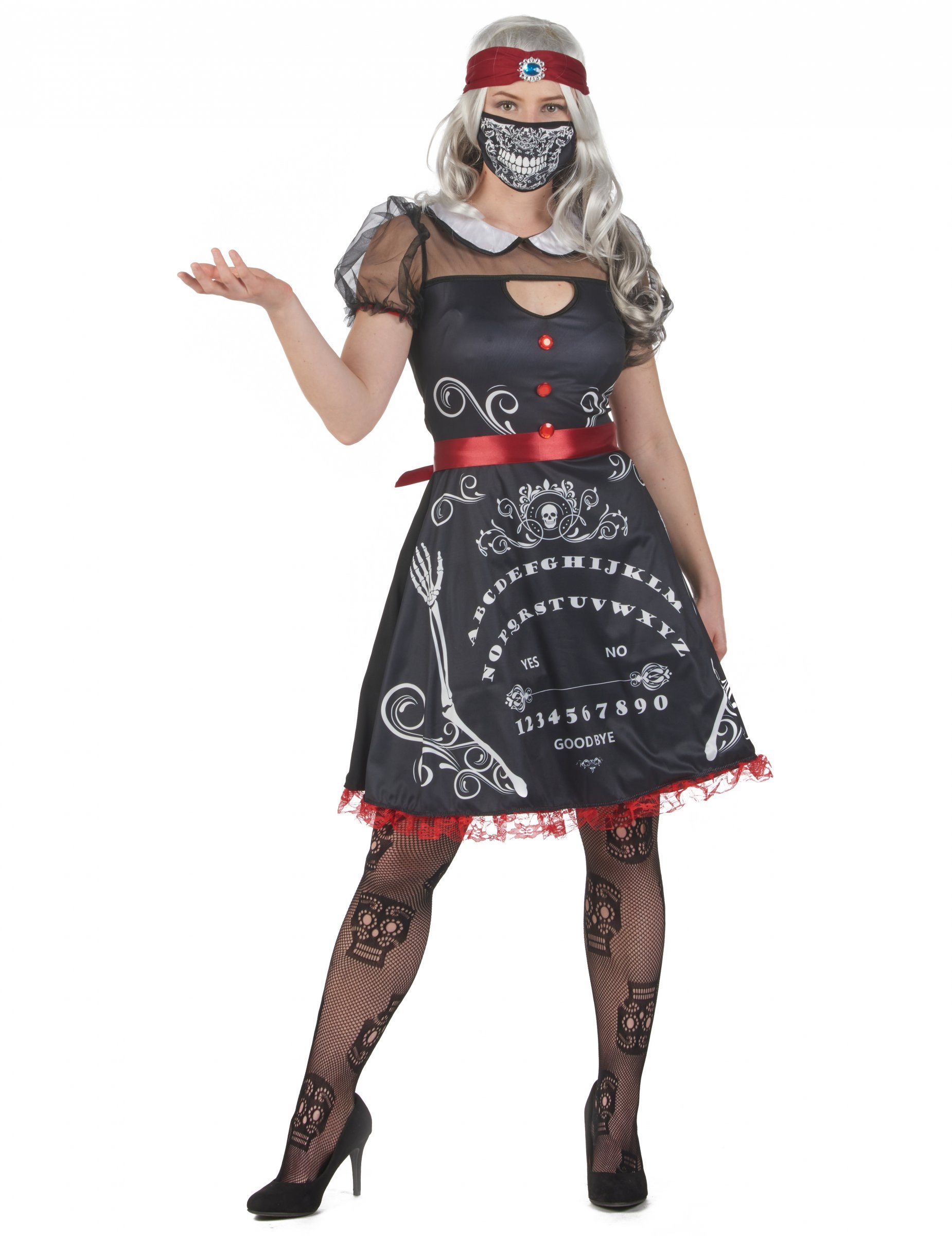 Unheimliche Wahrsagerin Damenkostüm für Halloween schwarz-weiß-rot von KARNEVAL-MEGASTORE