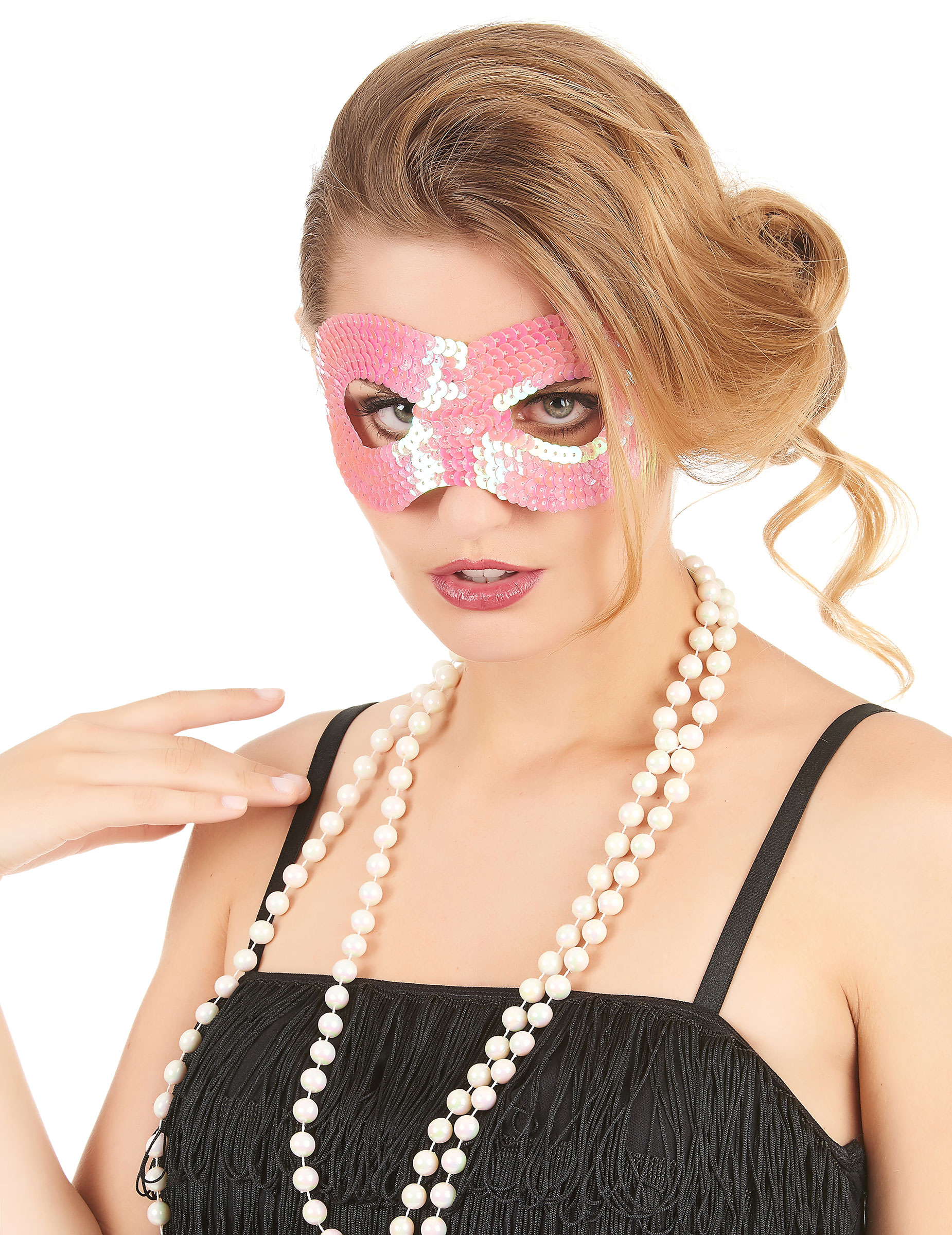 Venezianische Pailletten-Maske rosa von KARNEVAL-MEGASTORE