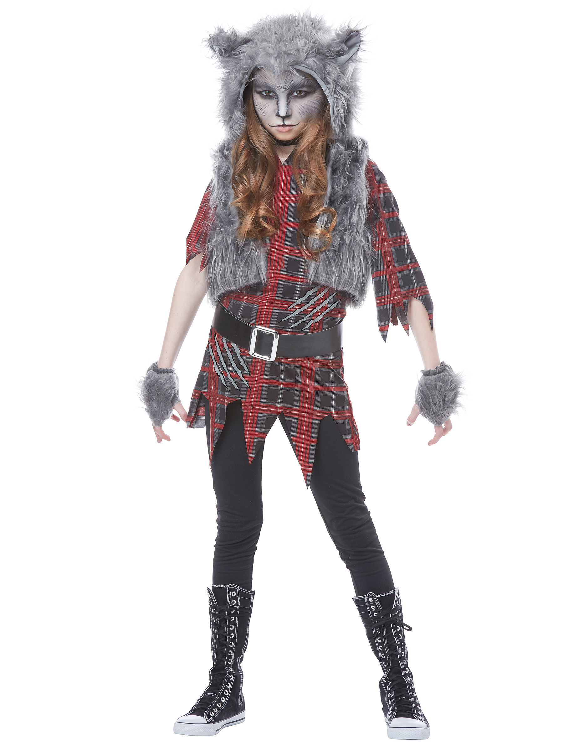 Werwolf-Kostüm für Mädchen Halloween-Kostüm grau-rot von KARNEVAL-MEGASTORE