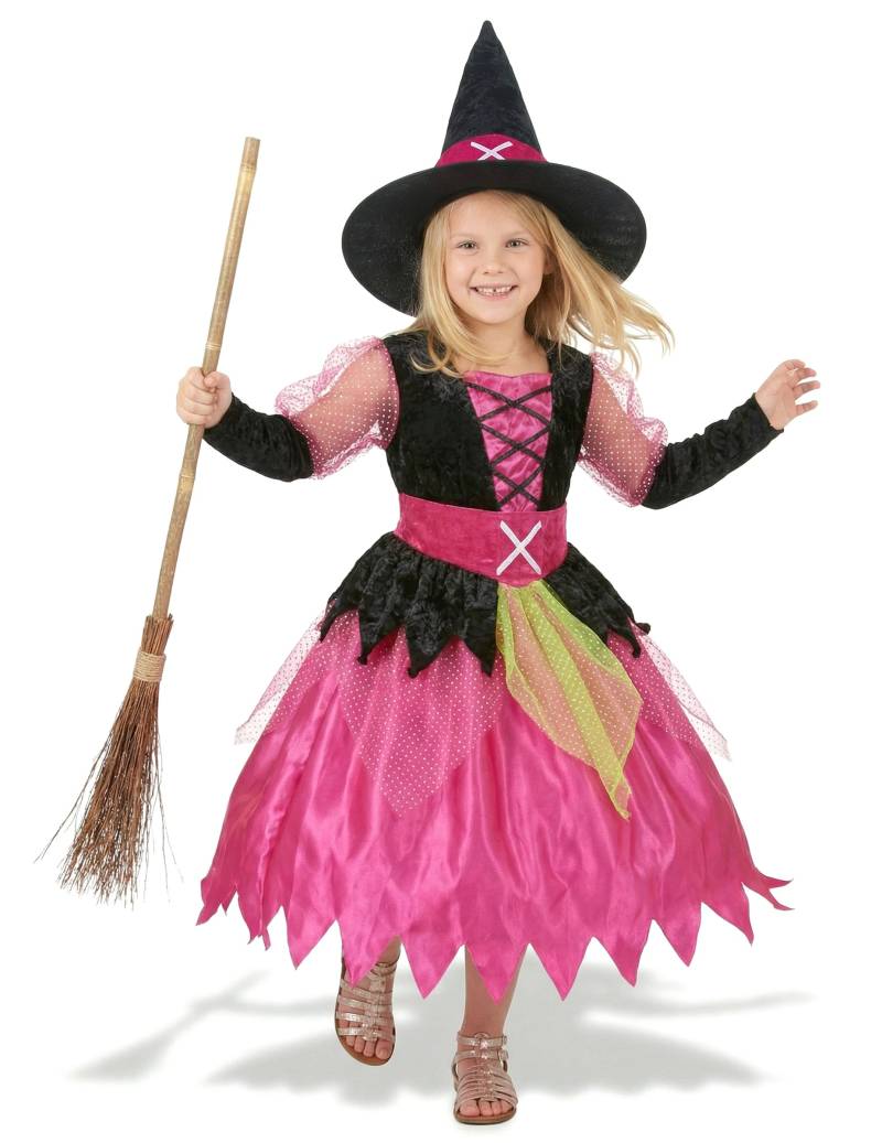 kleine Hexe Mädchen Halloween-Kostüm pink-schwarz-grün von KARNEVAL-MEGASTORE