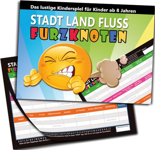 KARTENVERSAND24 Stadt Land Fluss Kinder Junior Editon Furzknoten Block Geschenk lustig Gesellschaftsspiele Reisespiele ab 8 9 10 Jahre Teenager Spiel Kids (Furz) von KARTENVERSAND24