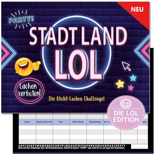 KARTENVERSAND24 Stadt Land LOL Spiel Nicht lachen Spiele Fluss Challenge wer lacht verliert Geschenk Partyspiel Mädchen Jungen Teenager Erwachsene Kinder ab Jahren Edition Block (Klassische Ausgabe) von KARTENVERSAND24