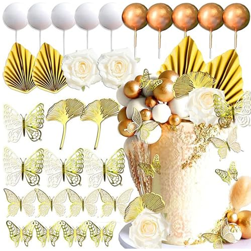 KASESSS 28 PCS Tortendeko Blumen, Happy Birthday Tortendeko, Kunstblumen Laub Gold Kugeln Torten Deko, Boho Kuchen Deko Set, Cake Topper für Babyparty Hochzeitstorte Geburtstag Kommunion Taufe Party von KASESSS