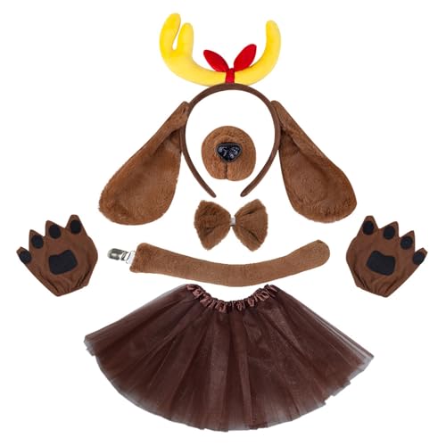 KASFDBMO Hundekostüm-Set mit Stirnband, Nasenschwanz, Fliege, Handschuh und Rock, für Kinder, Jungen, Mädchen, Weihnachten, Halloween von KASFDBMO