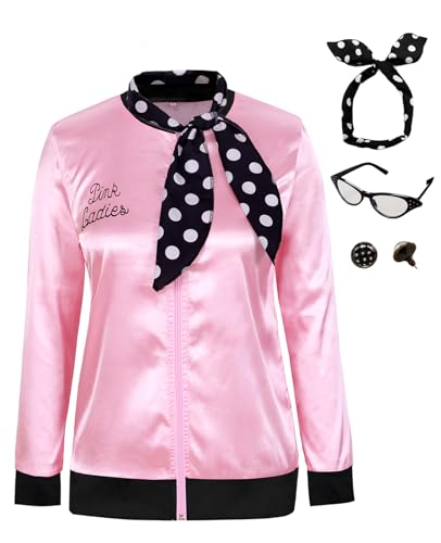 KASOYA 1950er Jahre Dame Rosa Satin Jacke Halloween Cosplay Kostüm Mantel mit Halstuch, Pink/Schwarz, XXX-Large von KASOYA