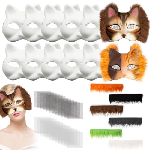 KASURE 12 Stück Katzenmasken zum Bemalen Maske, DIY Papier Maske mit 6 Kuns Fell und 24 Eye Mesh, DIY Weiße Katzen Masken, Tiermasken zum Bemalen für Party, Halloween, Maskerade von KASURE