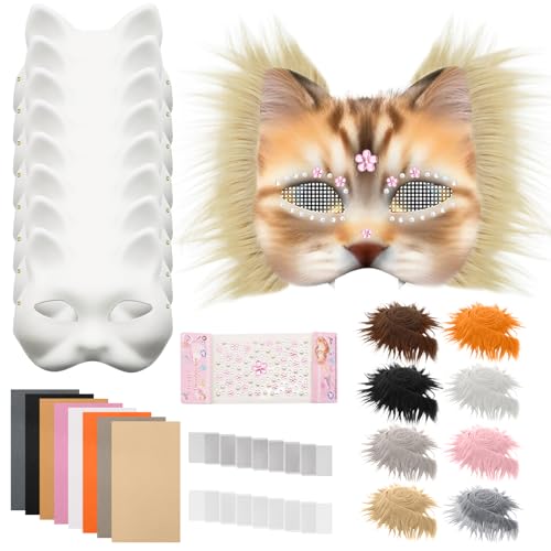 KASURE 8 Stück Katzenmaske mit Augen Mesh, Kunstpelz und Edelsteinaufklebern, Katzenmasken zum Bemalen, Therian Mask DIY Set, DIY Weiße Maske für Party, Halloween, Karneval, Maskerade von KASURE