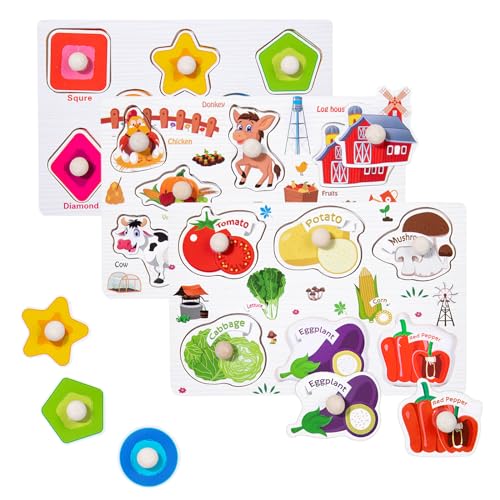 Hölzernes Cartoon Puzzle, 3 Stück Peg Puzzle Board, Holzpuzzle Steckpuzzle Greifpuzzle, Montessori Spielzeug Ab 1 Jahr Spielzeug Puzzle Geschenk Lernspielzeug für Mädchen and Junge von KATELUO