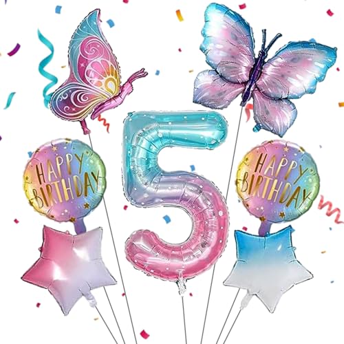 7Pcs schmetterling ballon,schmetterling deko geburtstag 5,schmetterling luftballon 5,geburtstag deko 5 jahre mädchen,geeignet für Mädchen-Geburtstagsparty-Dekoration, Themenparty Dekoration von KATELUO