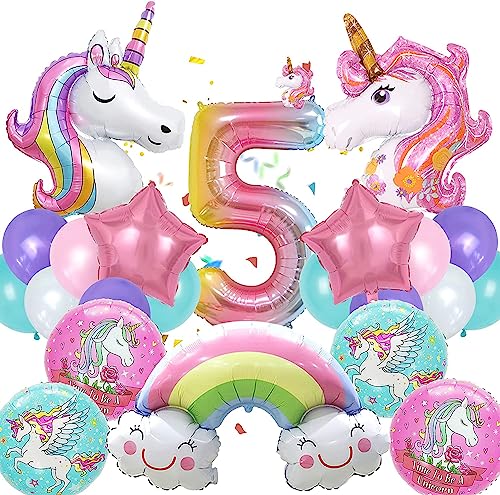 Einhorn Luftballons Geburtstag 5 Jahre, 19 Stück Einhorn Ballons Geburtstag, Luftballons 5. Geburtstag Mädchen, Einhorn Luftballons Mädchen, Helium Folienballon Geburtstagsdeko für Kinder von KATELUO