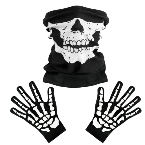 Halloween Skelett Handschuhe und Skelett Maske, Schädel Maske, Schädel Gesichtsmaske, Skelett Handschuhe, für Motorradfahren, Reiten, Skifahren, Outdoor Aktivitäten, Halloween, Karneval Verkleiden von KATELUO